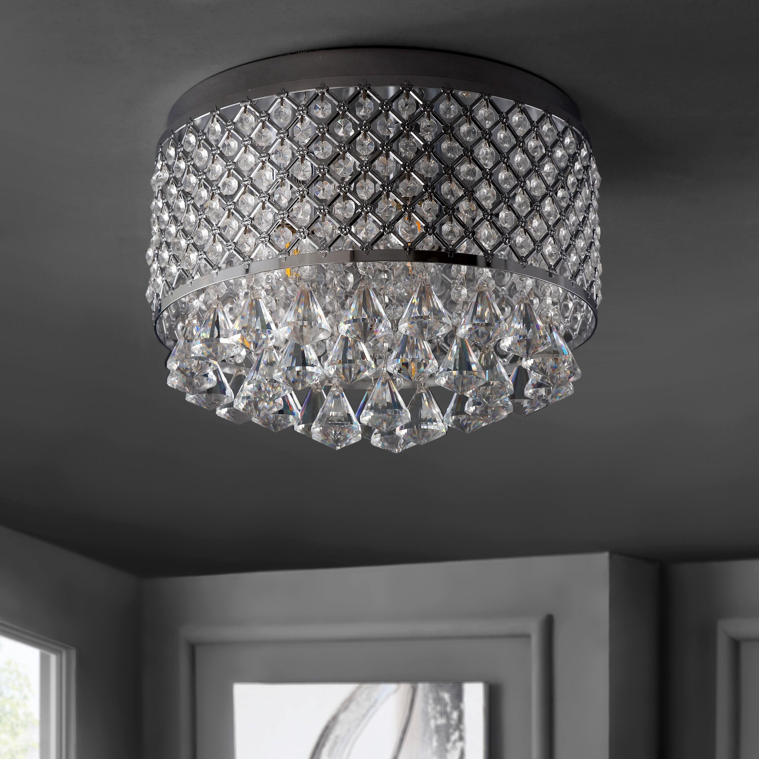 JONATHAN Y Evelyn 14.7" 3-Light Crystal Drops/Metal LED Flush Mount, Chrome