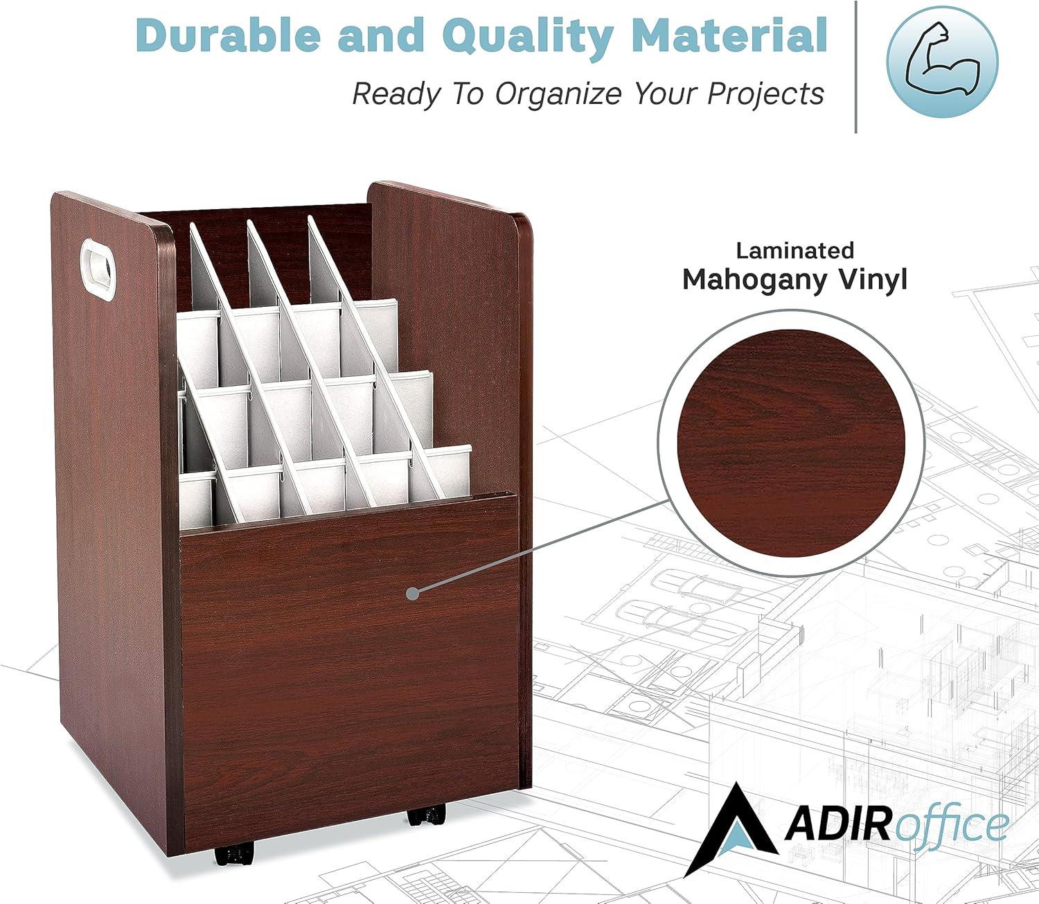 AdirOffice 20-Slot Mobile Rolling Wood Blueprint Roll File Large Document Organizer