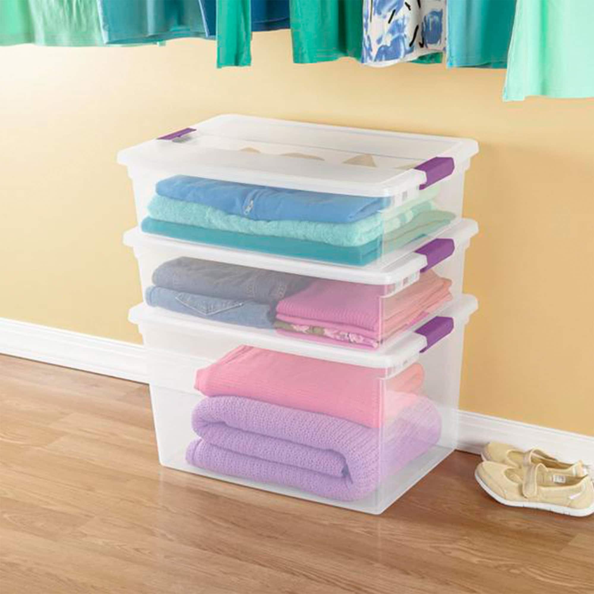 Sterilite 66 Qt ClearView Latch Storage Box, Stackable Bin with Latching Lid, Plastic Container to Organize Clothes in Closet, Clear Base, Lid, 6-Pack
