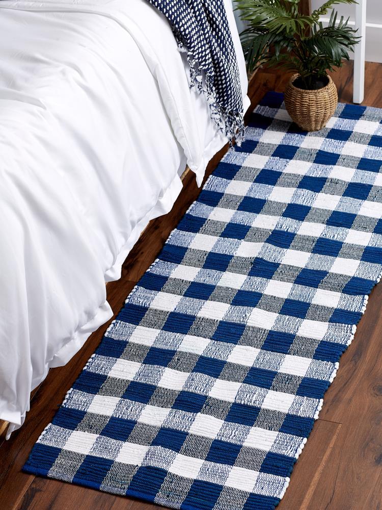 Navy & White Buffalo Check Rag Rug 2ft 3inx6ft