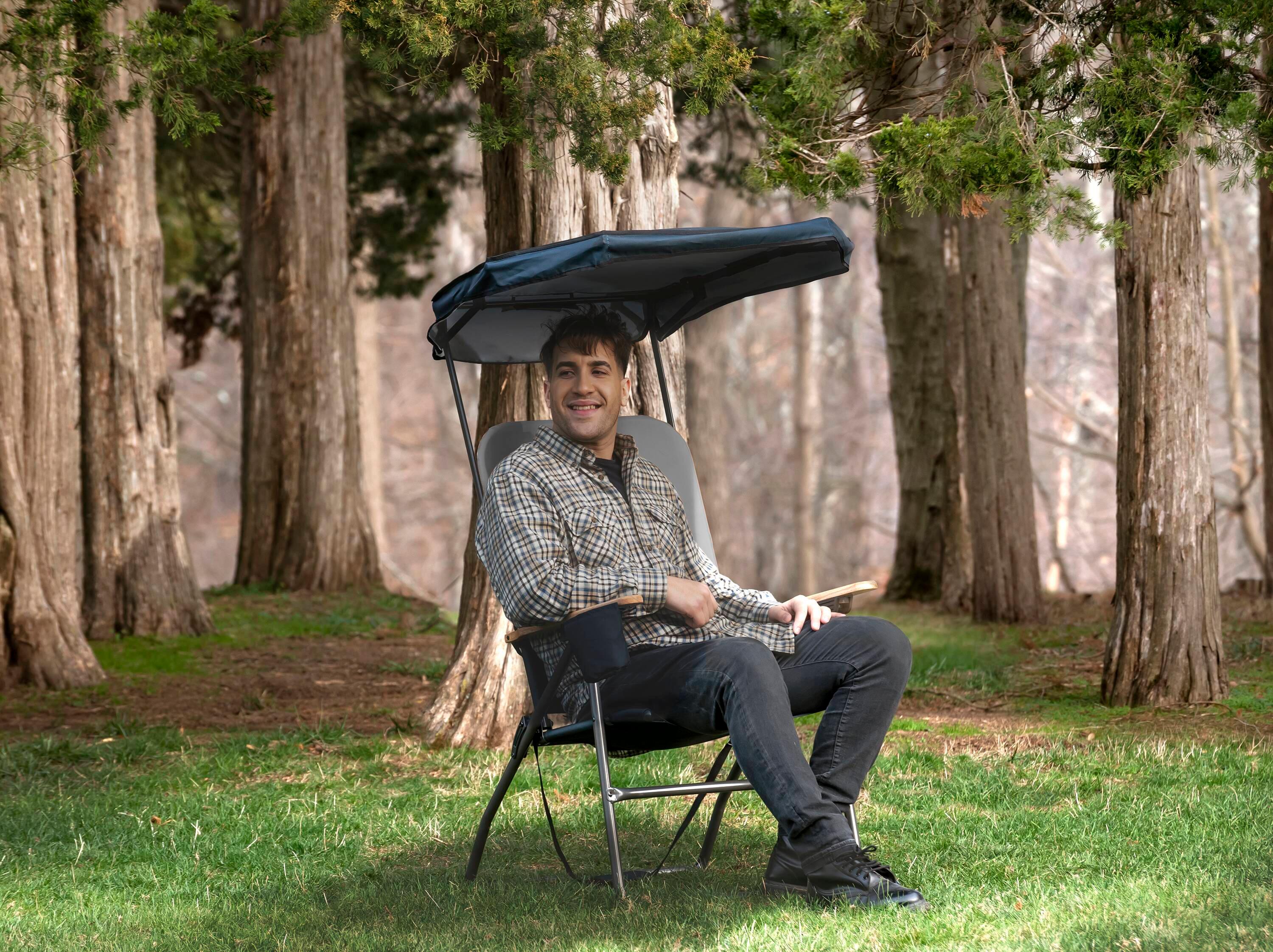 Gray and Black Steel Frame XXL Camping Chair with Wood Arms