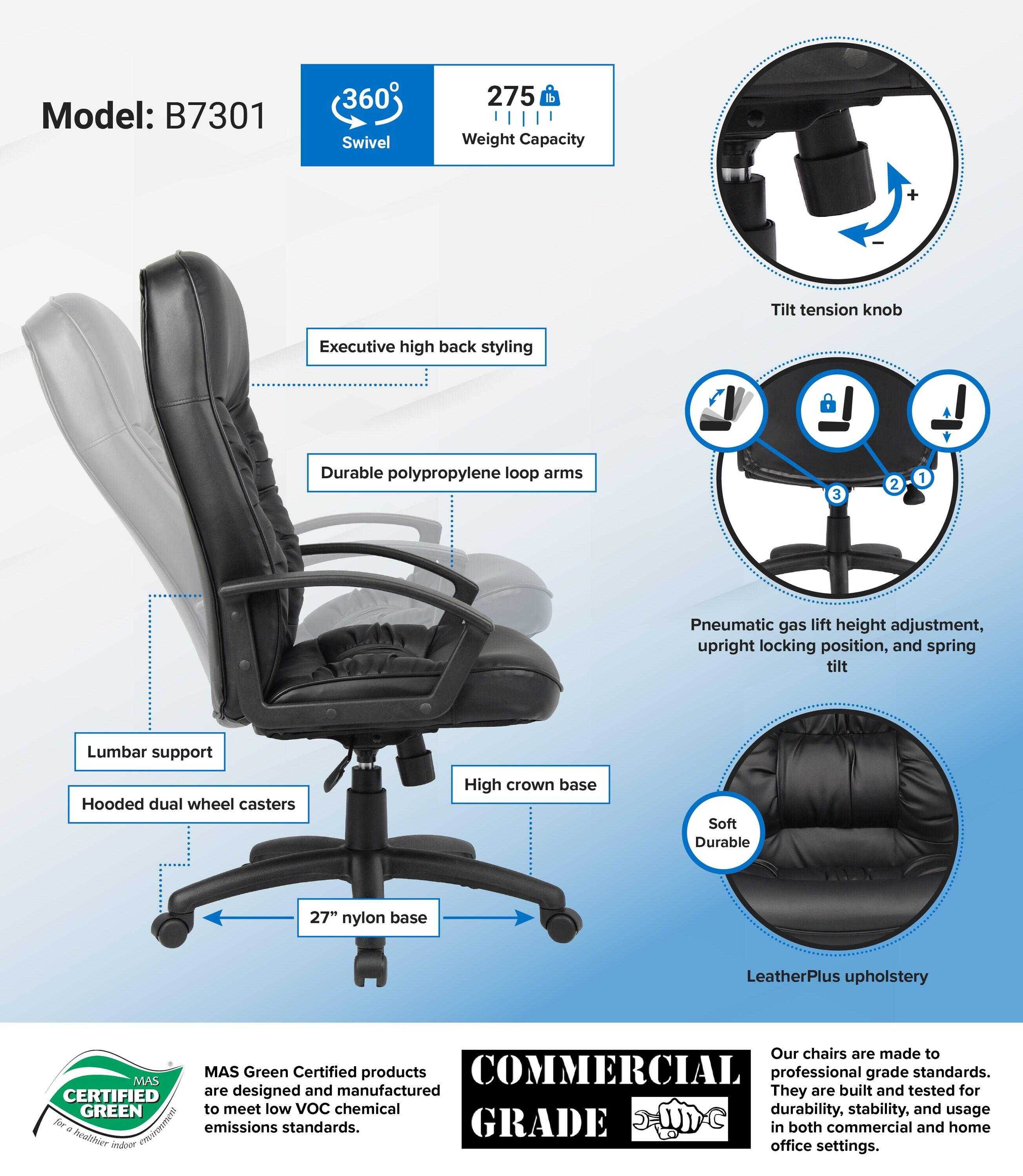 High Back LeatherPlus Chair Black - Boss Office Products: Ergonomic, Adjustable, Swivel, Casters/Wheels