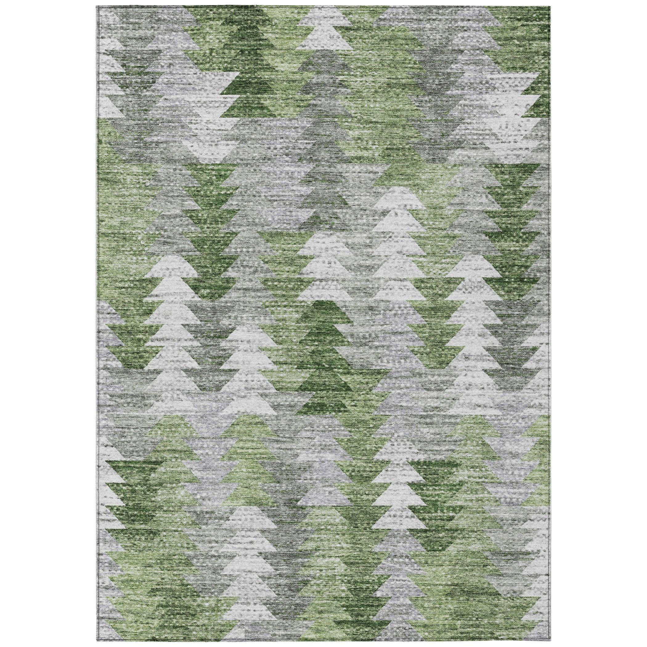 Green and Gray Rectangular Machine Washable Area Rug