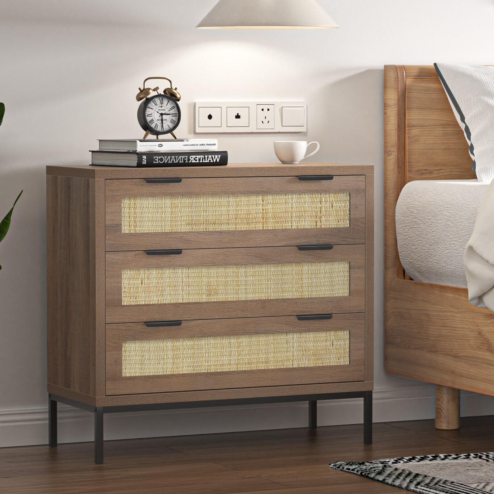 Anmytek 3 Drawer Cabinet for Bedroom, Oak Rattan Cabinet Closet Cabinet Chest of Drawers, Wood Cabinet 3 Drawer Storage Chest for Bedroom, Hallway, Nursery