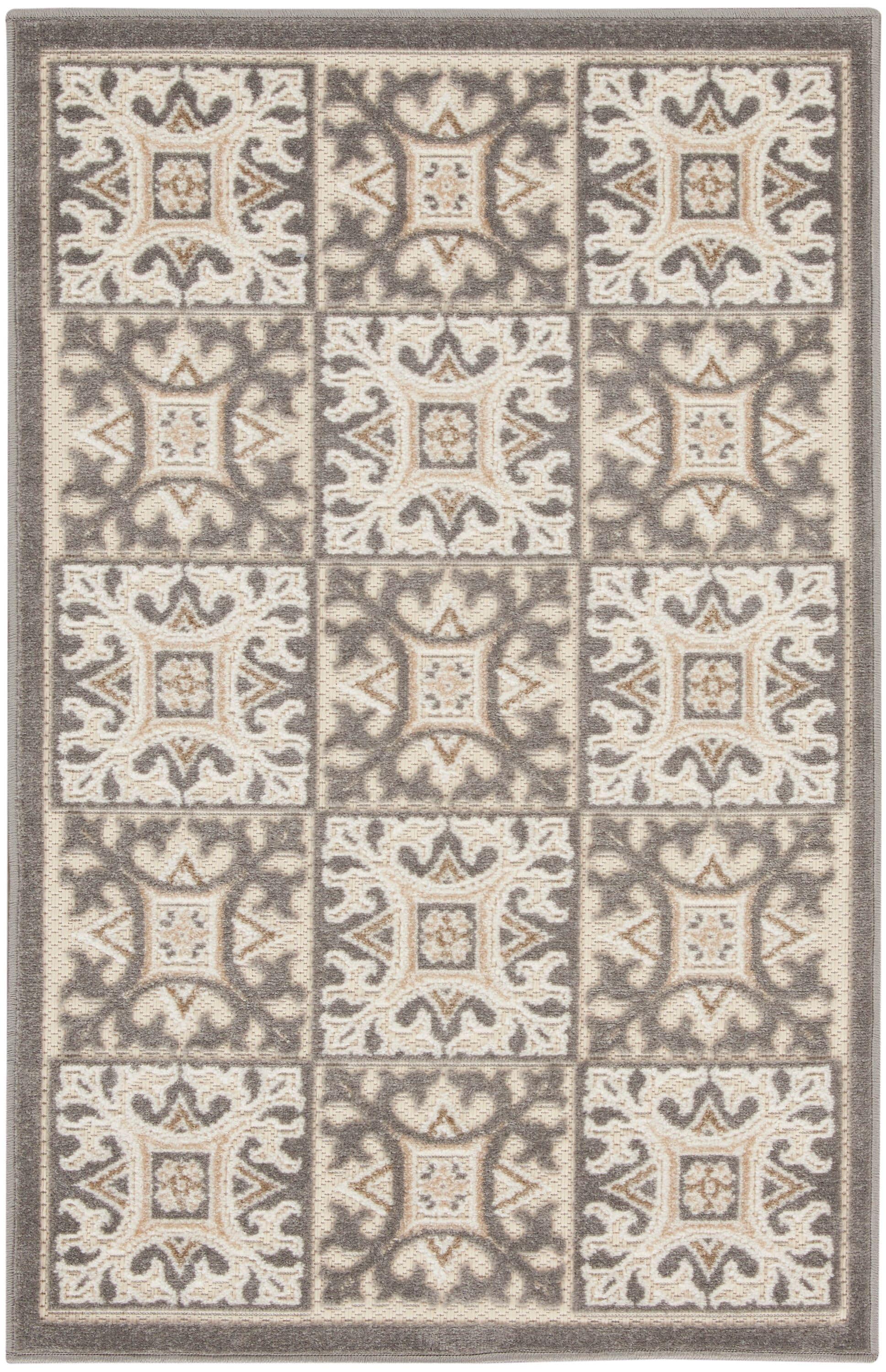 Nourison Aloha Modern Mosaic Flatweave High-Low Indoor Outdoor Area Rug Ivory Grey 2'8" x 4'