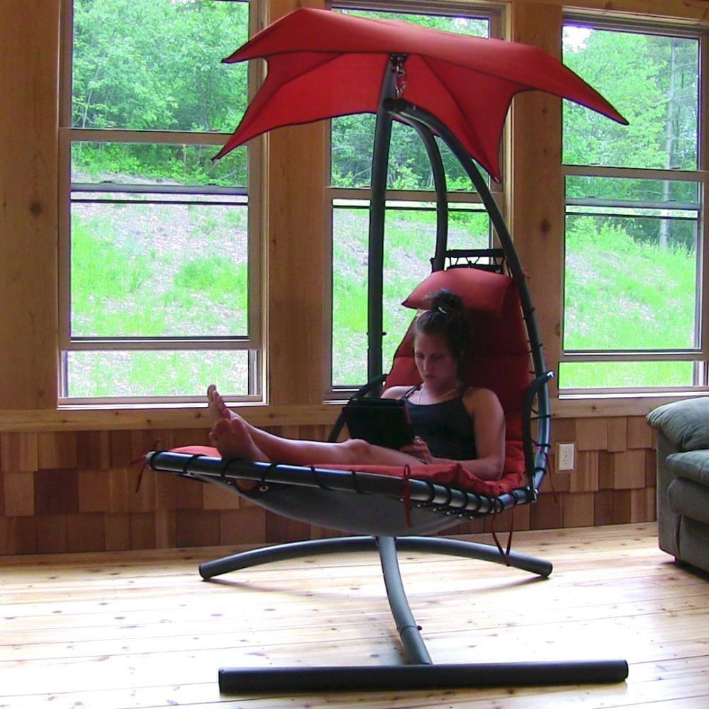 Sunnydaze Outdoor Hanging Chaise Floating Lounge Chair with Canopy Umbrella and Arc Stand, Burnt Orange