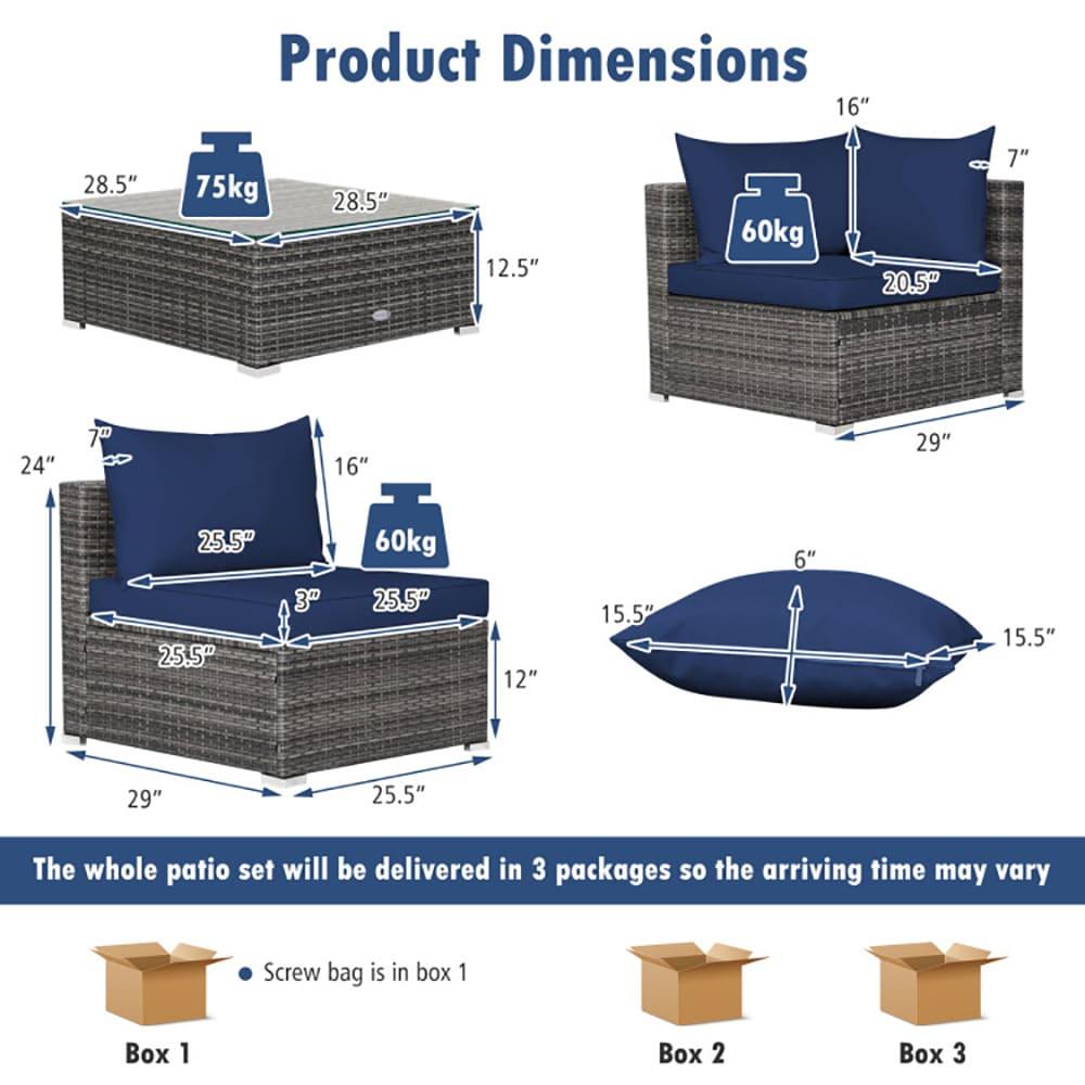 Costway 7PCS Patio Rattan Furniture Set Sectional Sofa Cushioned Garden Navy