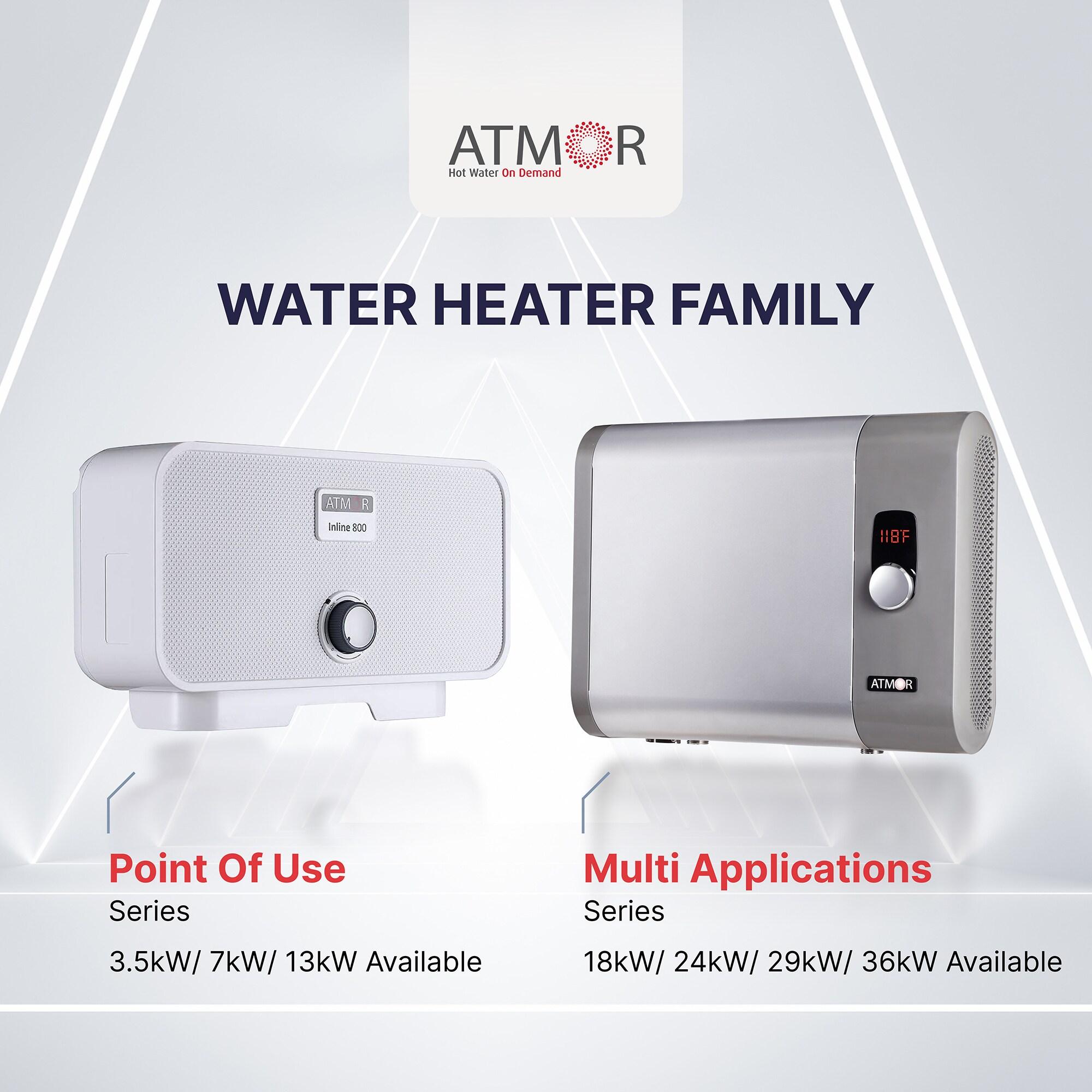 Atmor 24kW 4.65 GPM Electric Tankless Water Heater, ideal for 2 bedroom home, up to 5 simultaneous applications