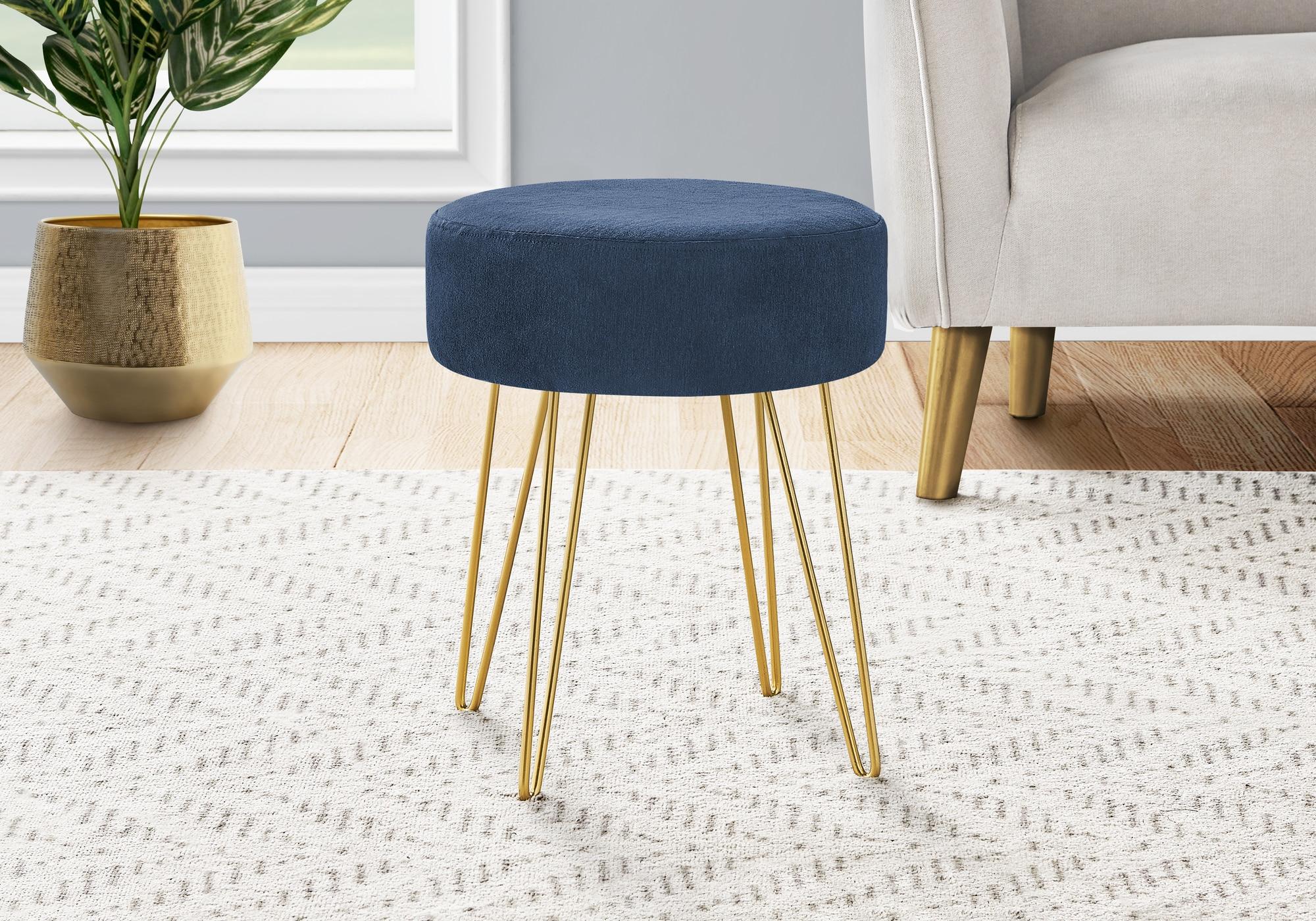 Monarch Specialties Ottoman Pouf Footrest Foot Stool 14Inch Round Fabric Metal Legs Blue Gold Contemporary Modern