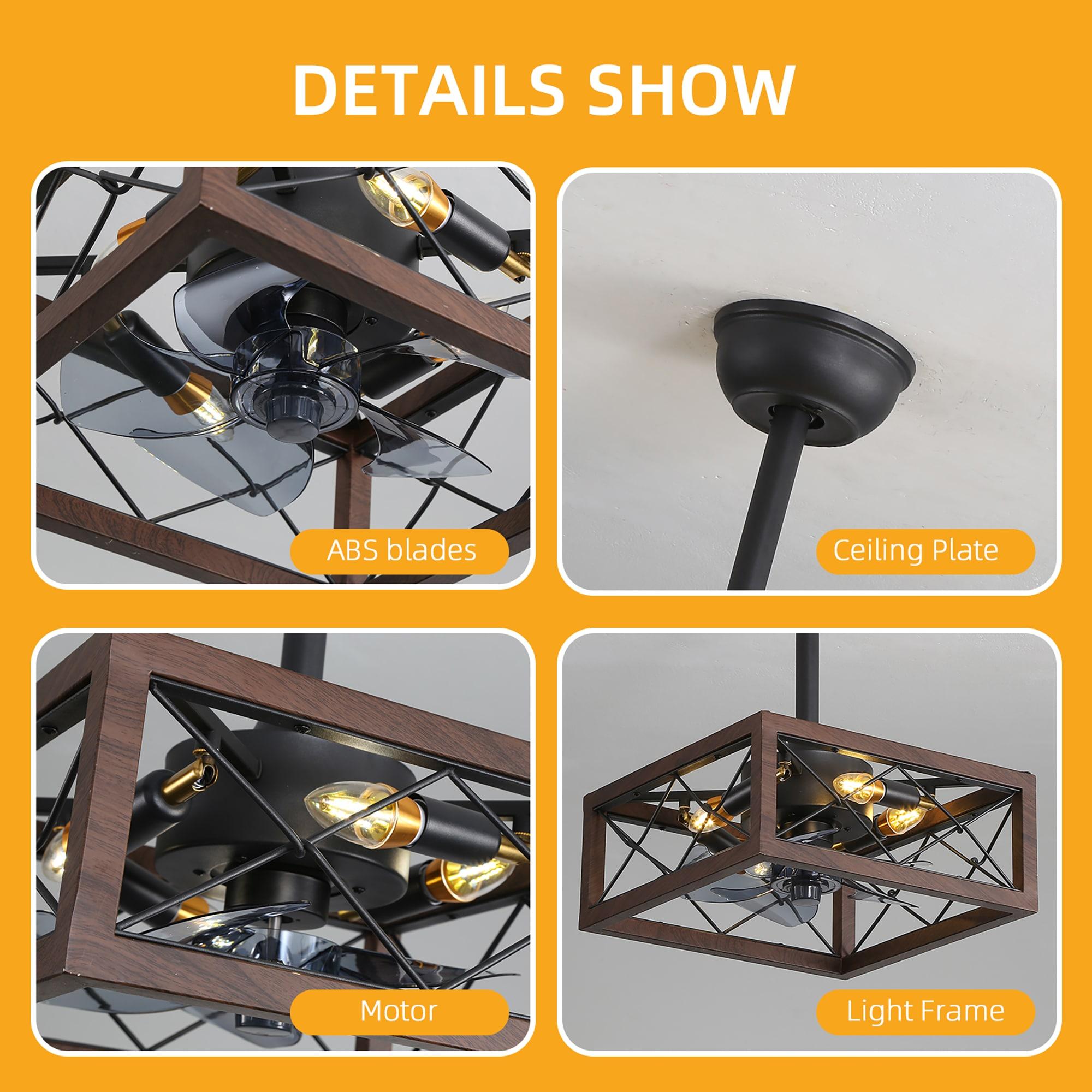 Yesurprise Caged Ceiling Fan with Lights, 18" Square Ceiling Fan with Remote & APP Control, 5 ABS Blades, 6 Speed Wind, Reversible DC Motor, 1H/2H/4H Timing for Living Room (Bulbs Include)
