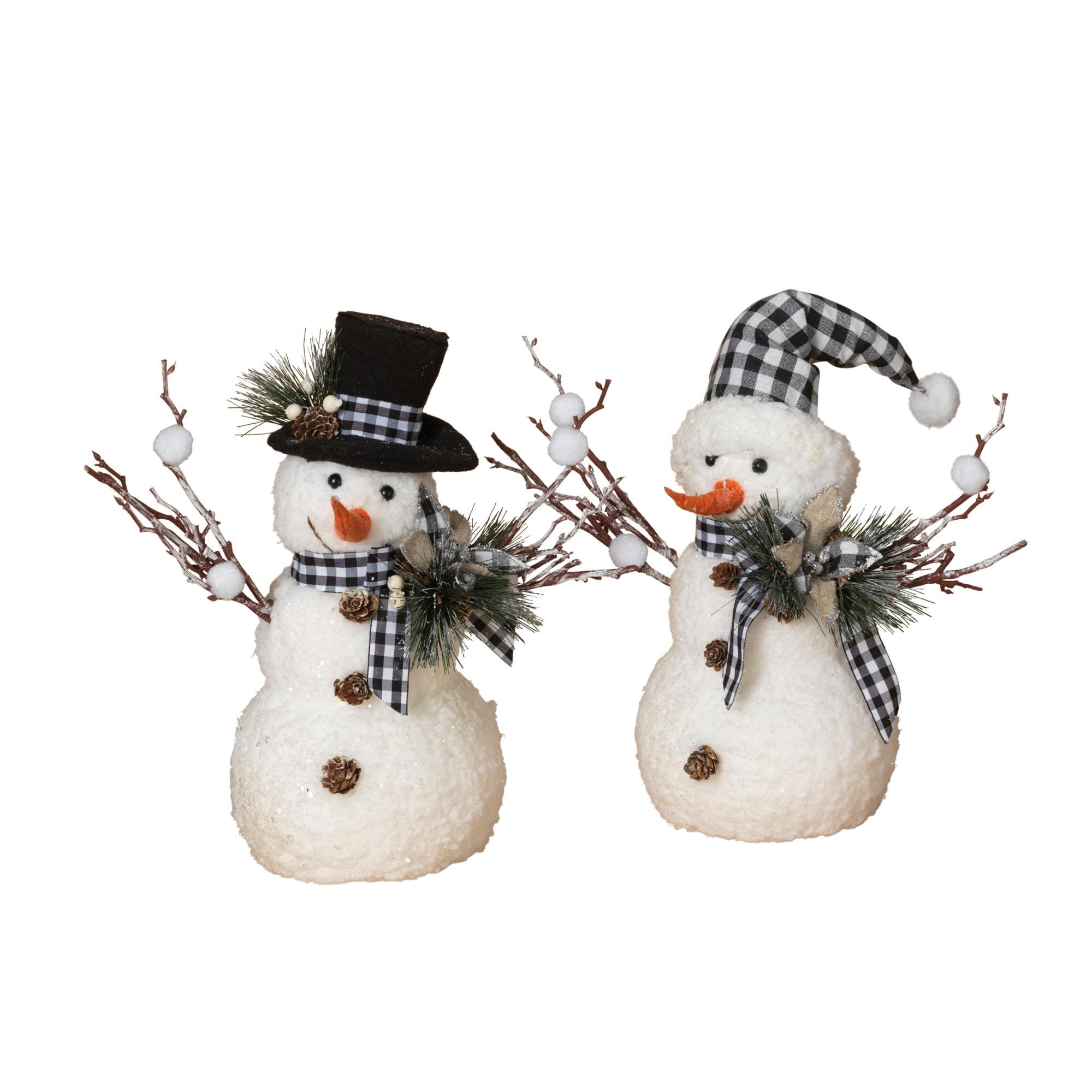 Set of 2 Winter Snowman Figurines with Pine & Fabric Bow