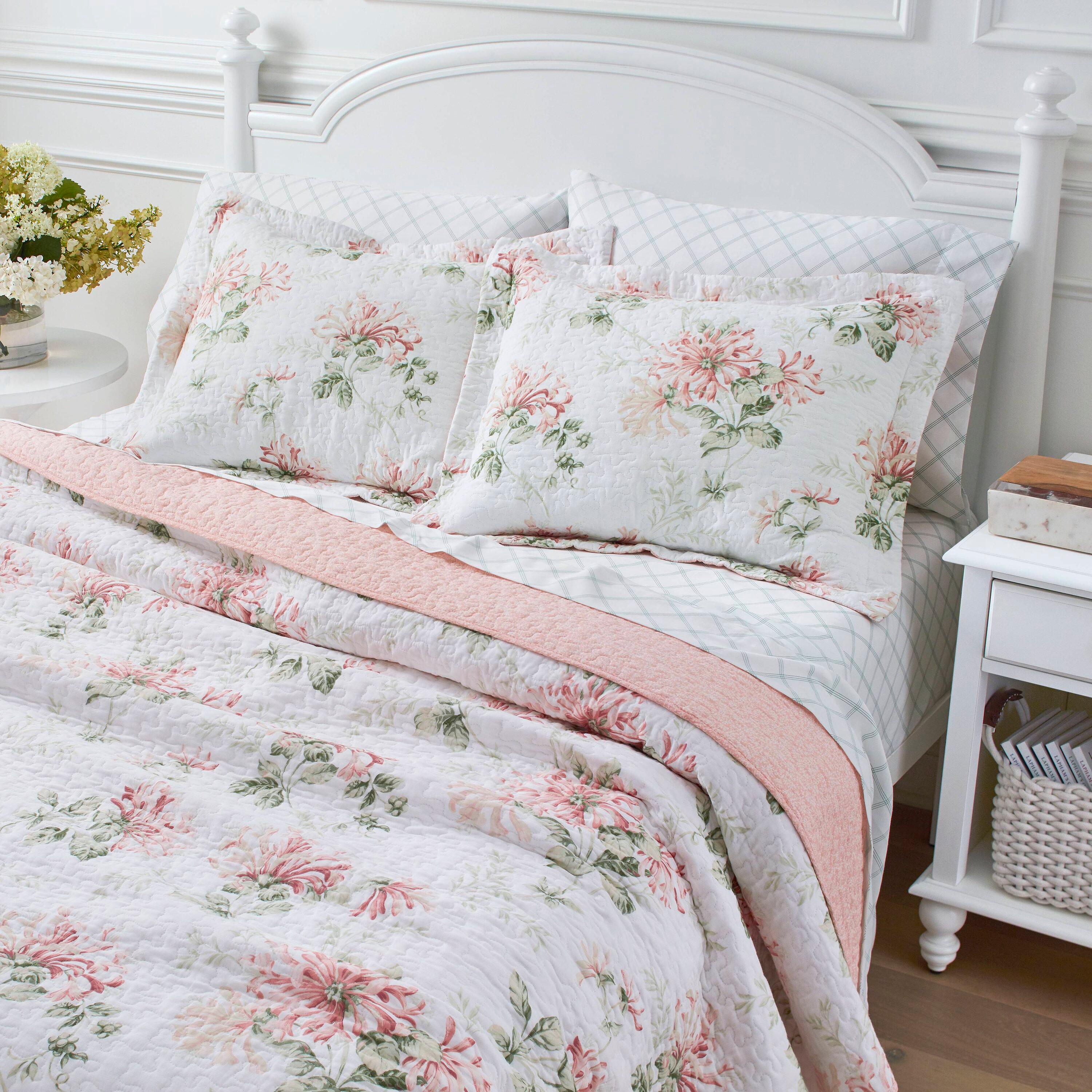 Laura Ashley Laura Ashley Honeysuckle Cotton Reversible Pink Quilt Set