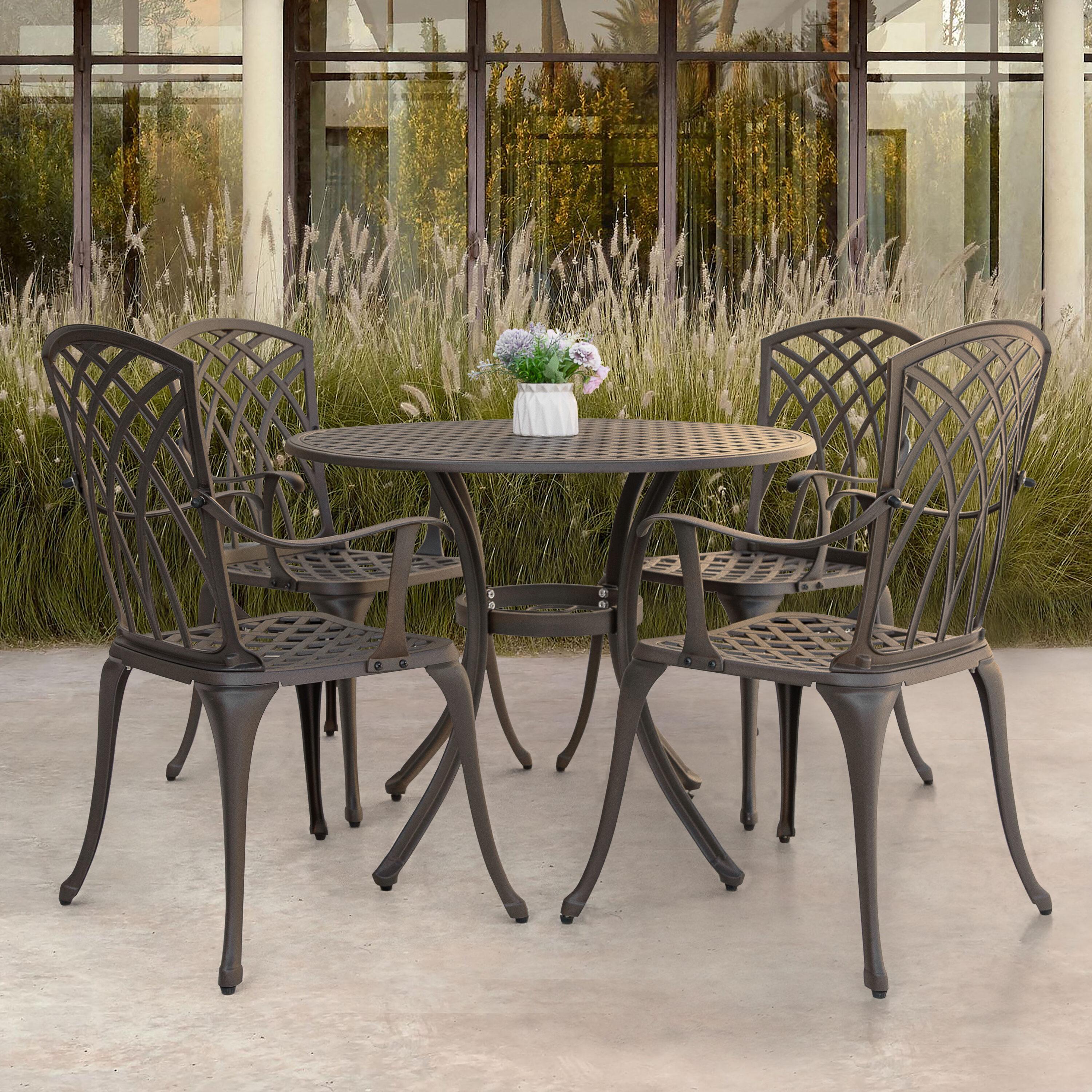 Nuu Garden 5-Piece Outdoor Dining Set, Cast Aluminum All-Weather Patio Furniture Set, Outside Patio Table and Chairs with Umbrella Hole for Garden, Deck, Antique Bronze