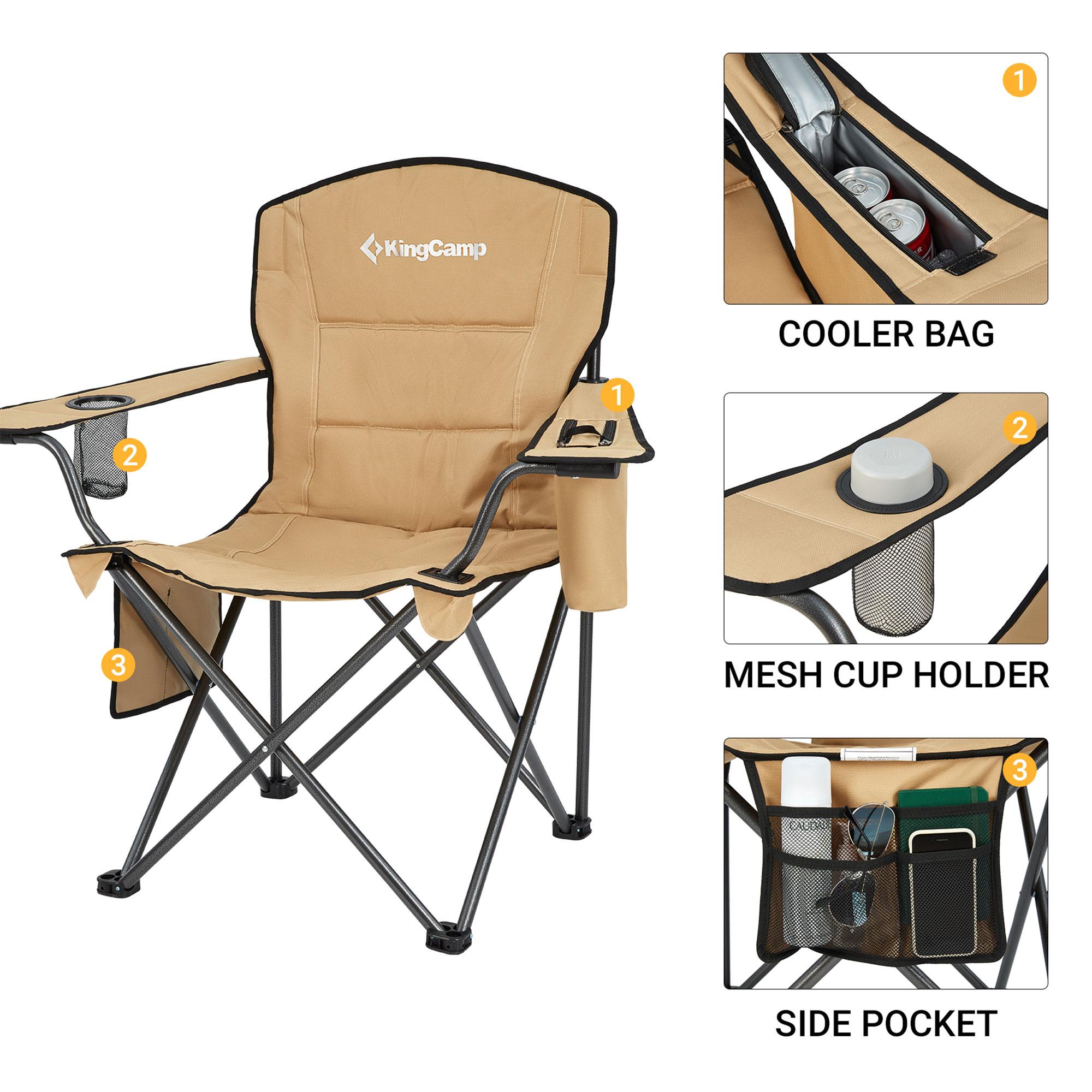 KingCamp Padded Portable Outdoor Folding Lounge Chairs with Built-In Cupholder, Insulated Cooler Sleeve, and Side Storage Pocket, Khaki (2 Pack)