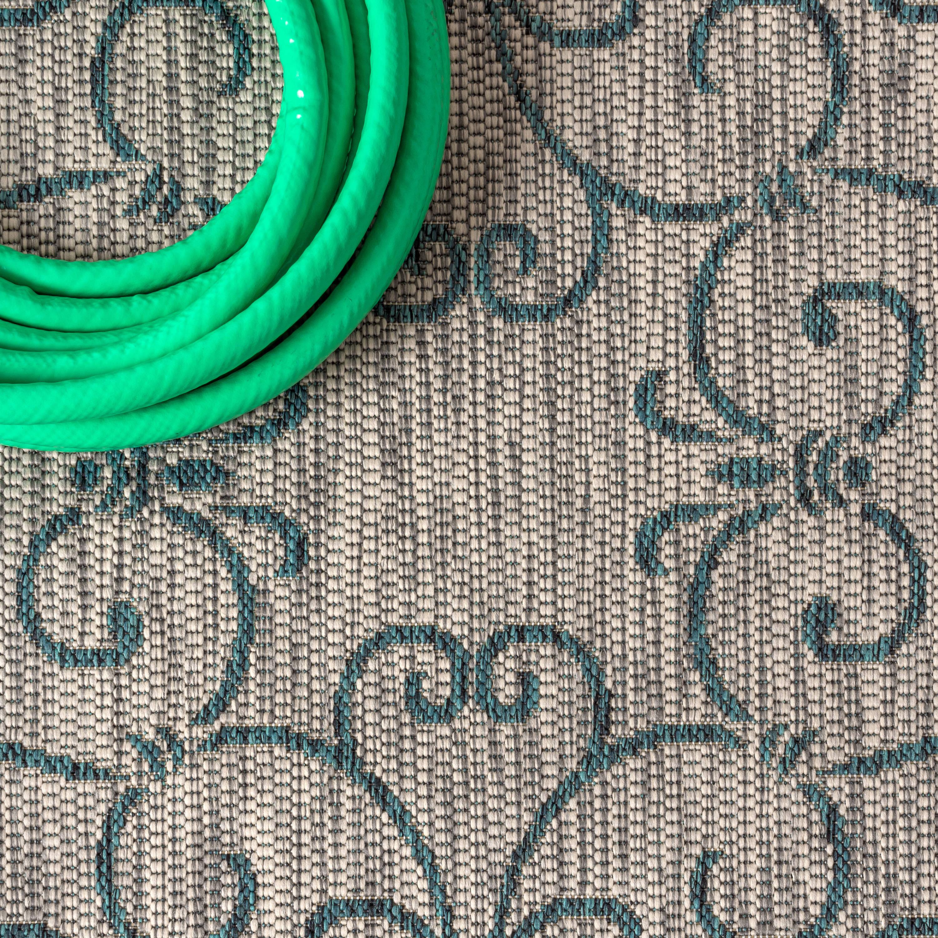 5'x8' Charleston Vintage Filigree Textured Weave Indoor/Outdoor Area Rug, Gray/Teal - JONATHAN Y