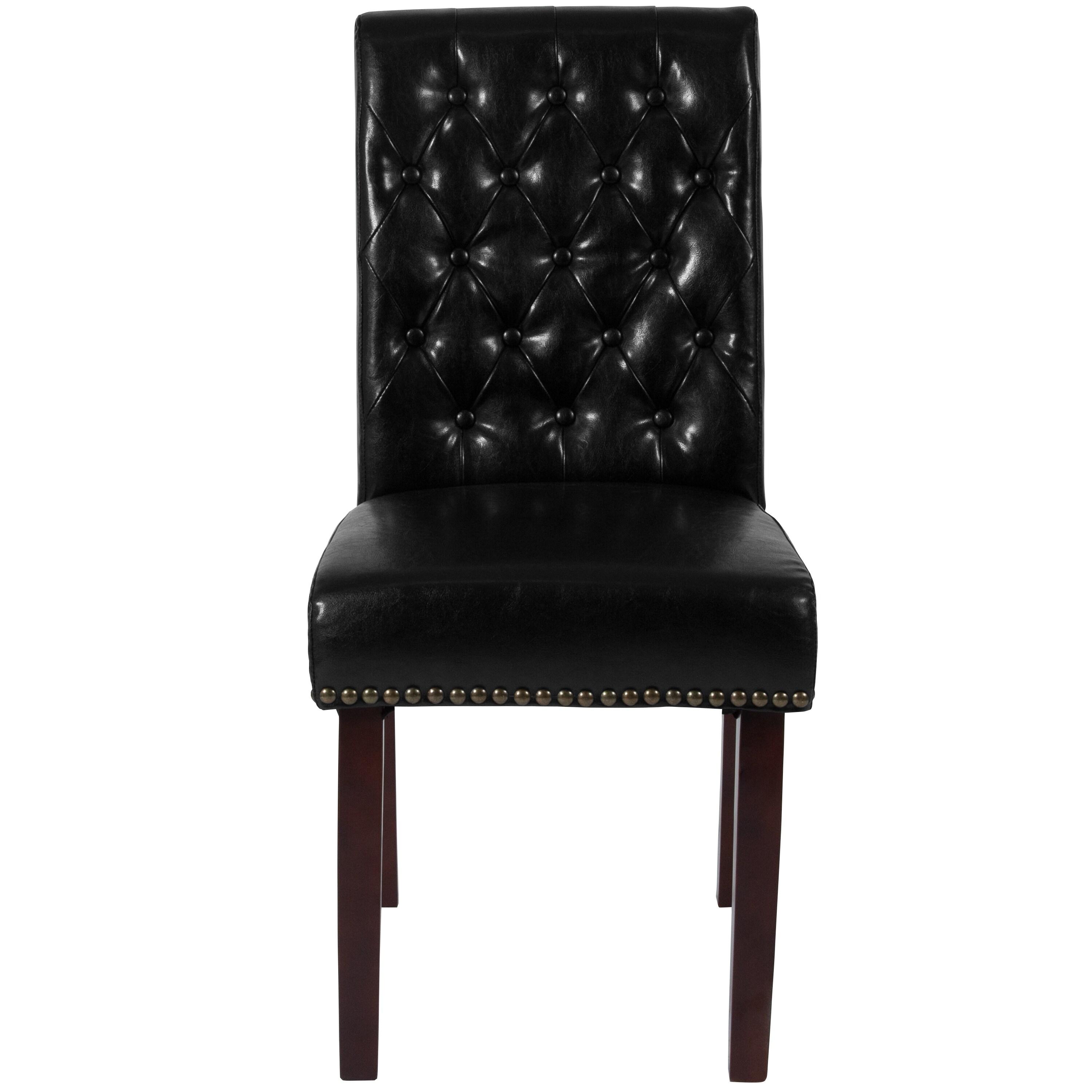 Flash Furniture HERCULES Series Black LeatherSoft Parsons Chair with Rolled Back, Accent Nail Trim and Walnut Finish