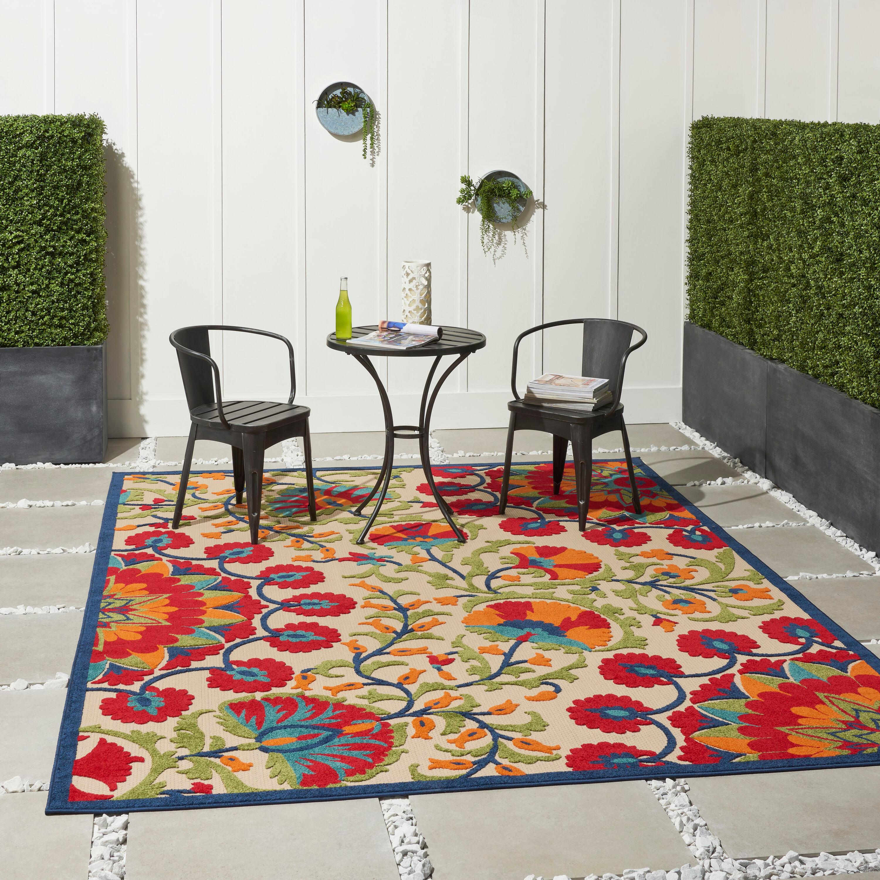 Nourison Aloha Floral Easy Care Flatweave High-Low Indoor Outdoor Area Rug Red/Multi 7' x 10'
