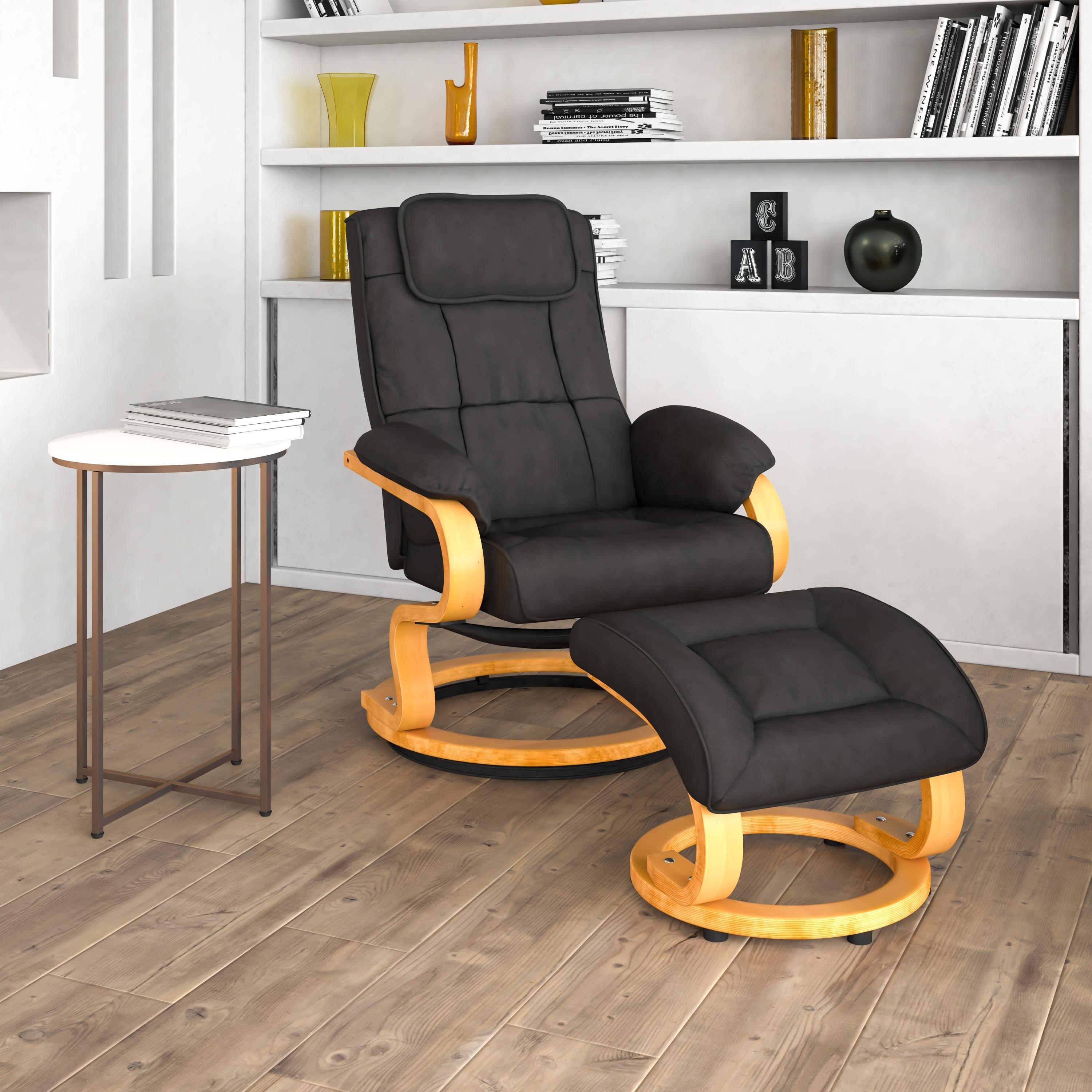 Flash Furniture Davies Contemporary Adjustable Recliner and Ottoman with Swivel Maple Wood Base in Black LeatherSoft