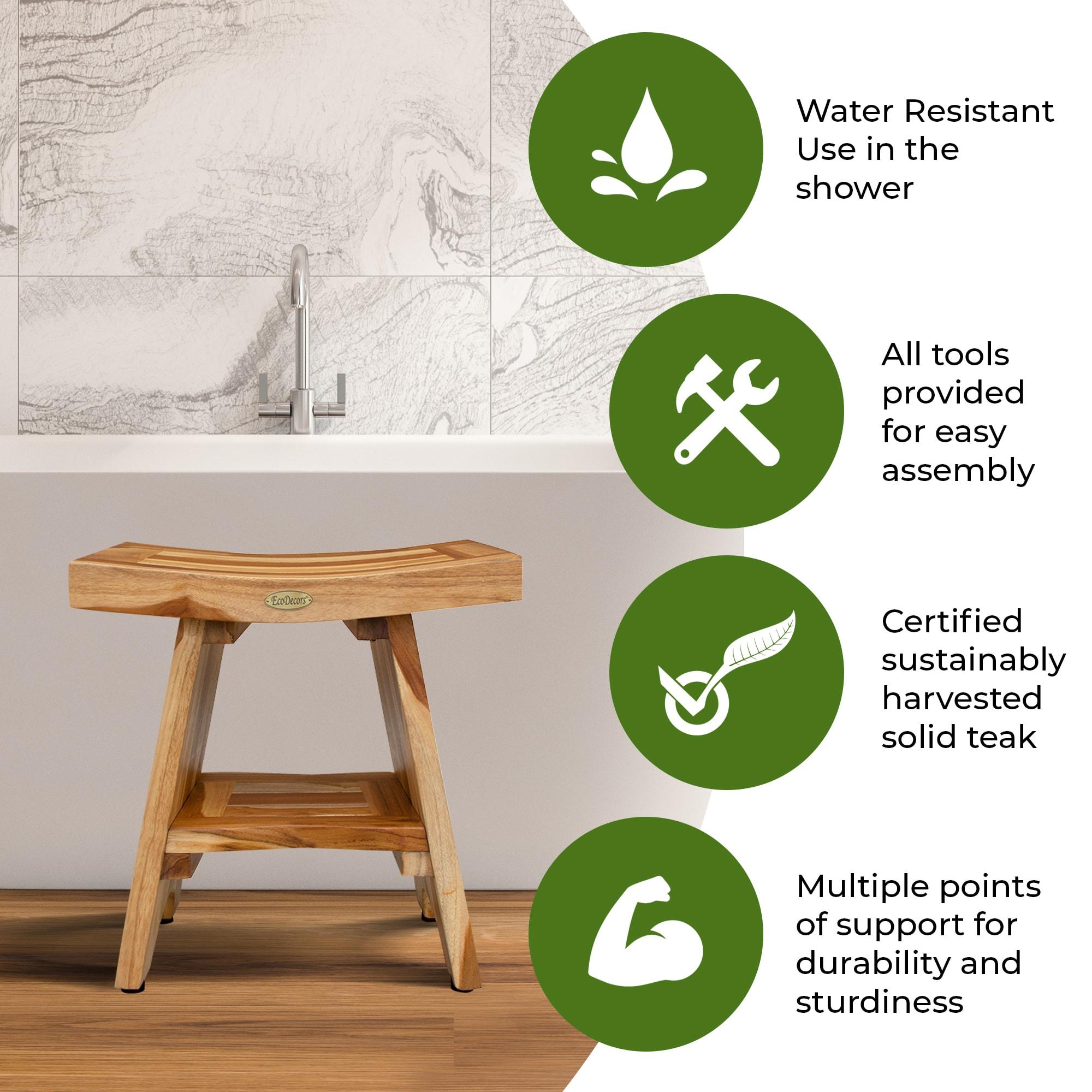 18" Serenity ED961 Wide Teak Shower Bench with Shelf - EcoDecors: Durable Bathroom Stool, Water Resistant, Easy to Clean