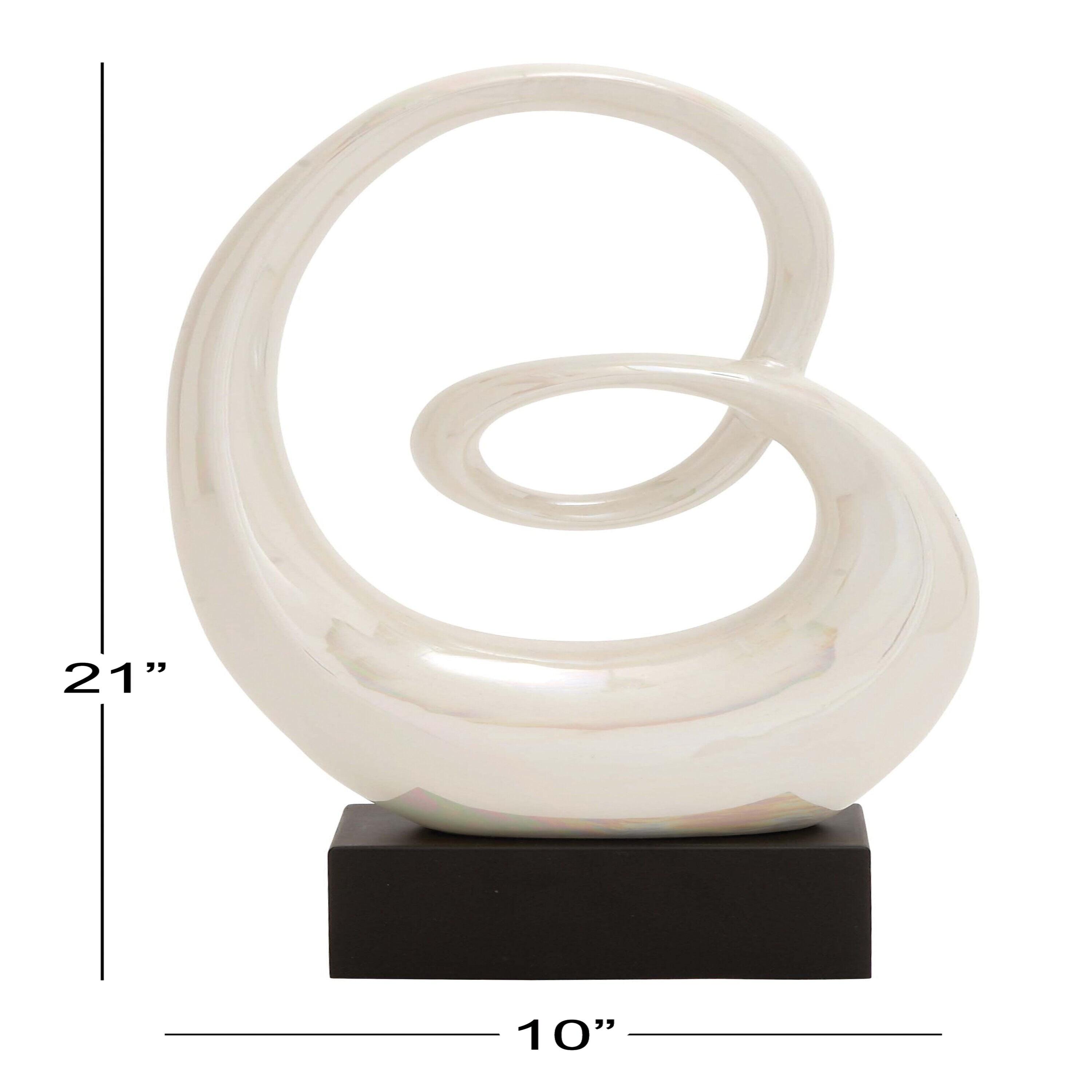 10" x 21" White Ceramic Swirl Abstract Sculpture with Black Base, by DecMode