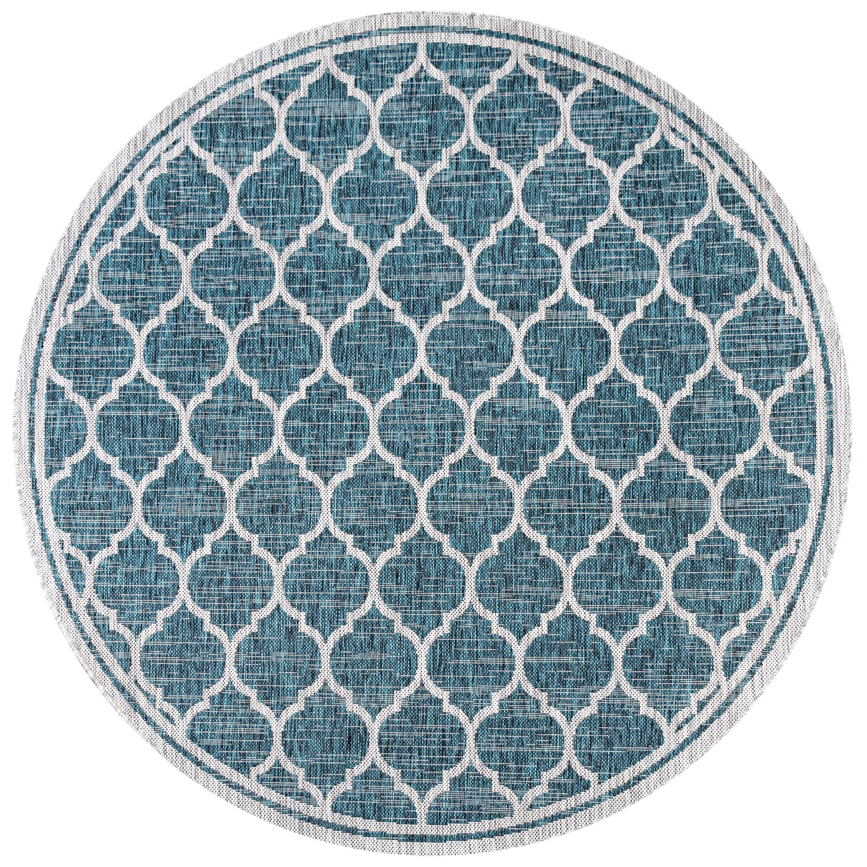 5' Round Trebol Moroccan Trellis Textured Weave Indoor/Outdoor Area Rug, Teal/Gray - JONATHAN Y