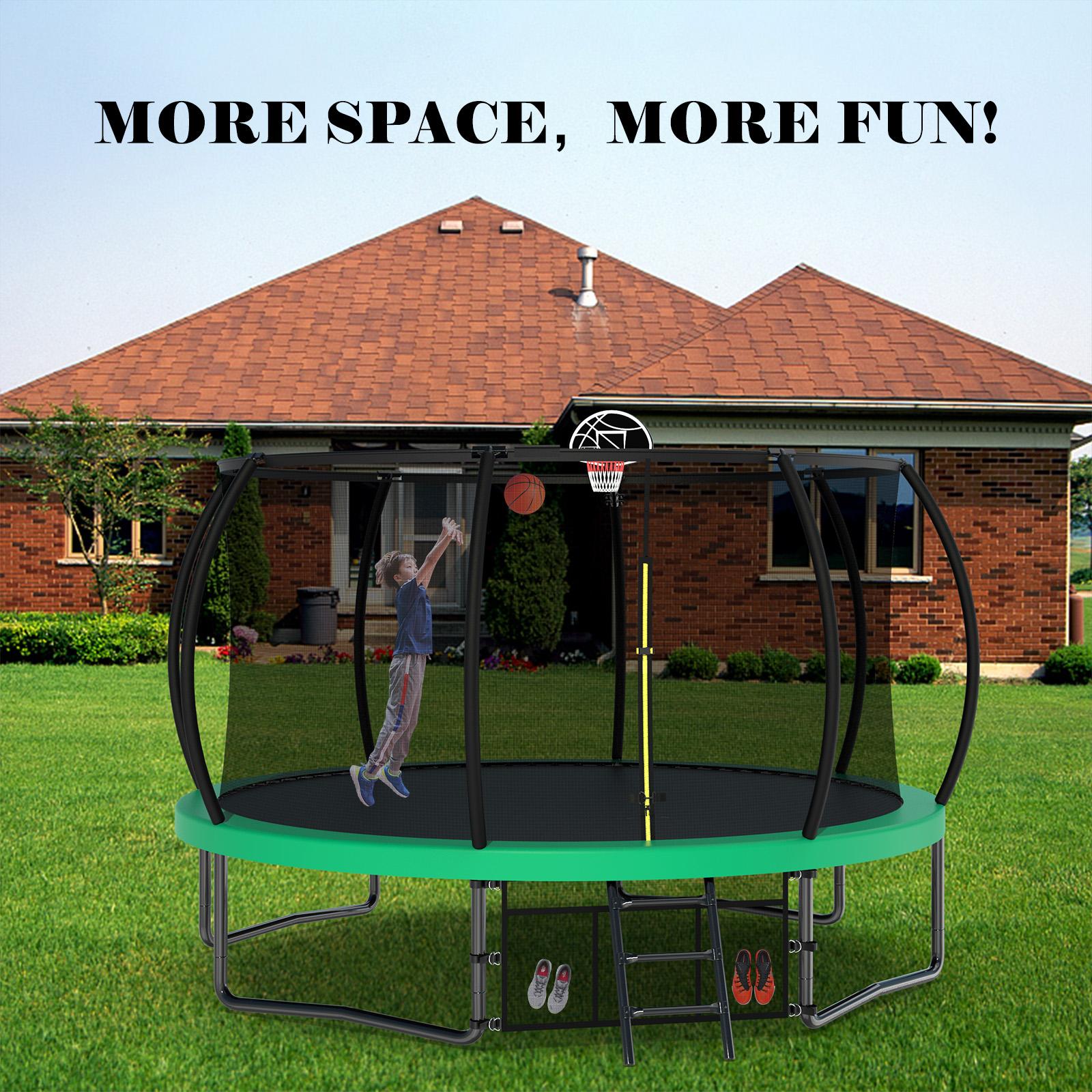 12FT Round Trampoline with Basketball Hoop for Kids, Outdoor Recreational Trampolines with Safety Enclosure Net & Ladder, 880 LBS Weight Capacity, Green