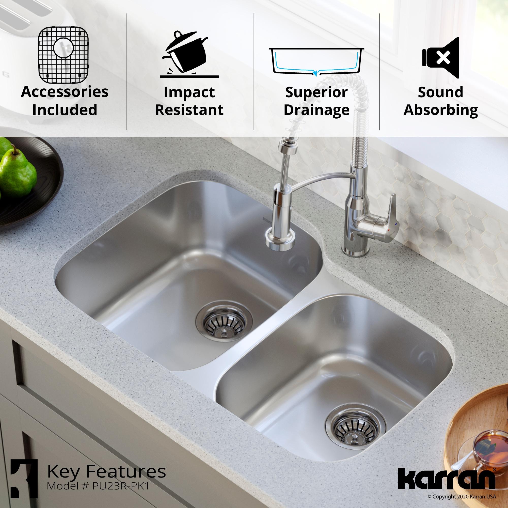 Karran Stainless Steel 31-1/2'' X 20-1/2'' 60/40 Double Bowl Undermount Kitchen Sink Kit