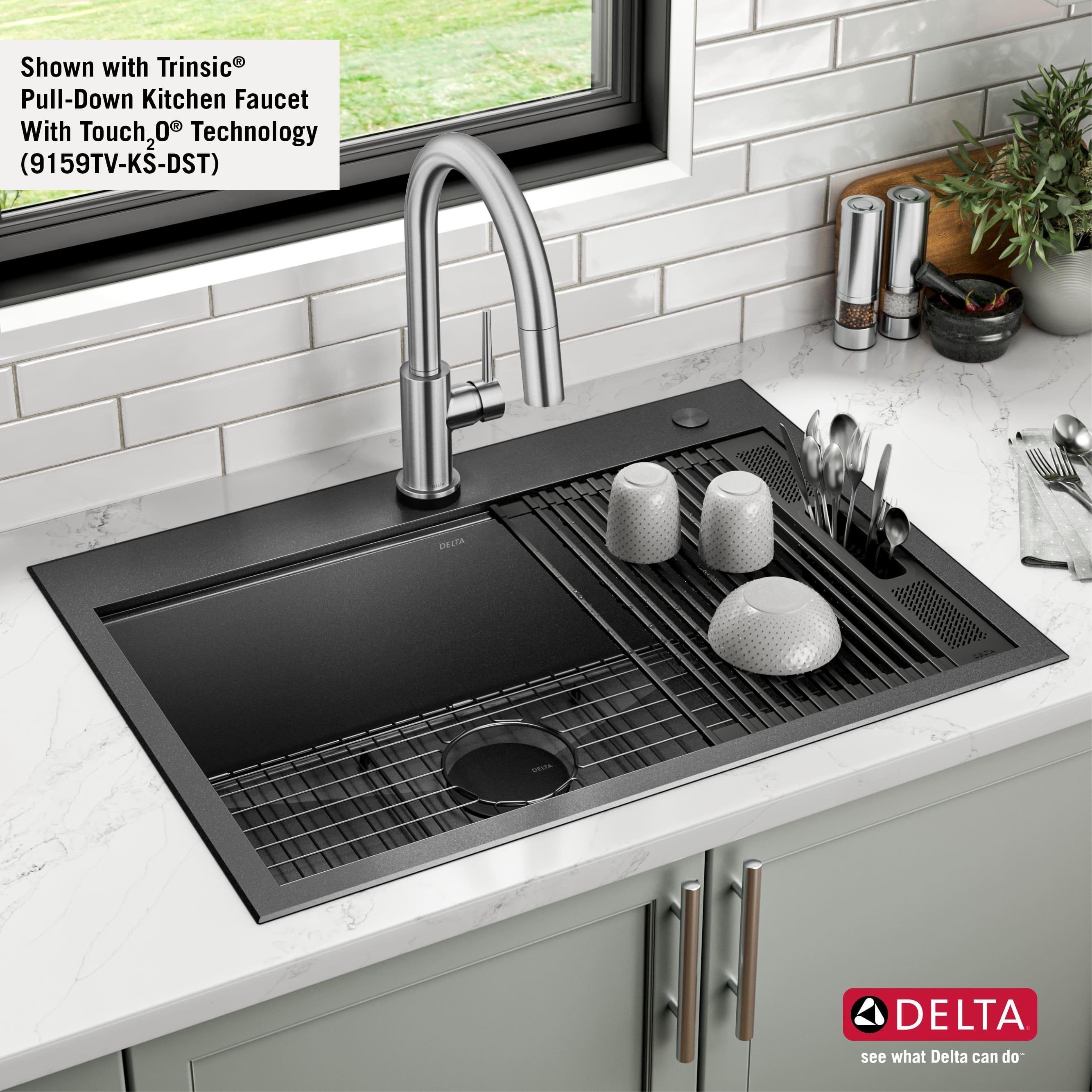 Delta Rivet™ Black Stainless Steel Drop-In Top Mount 16 Gauge Workstation Kitchen Sink Single Bowl