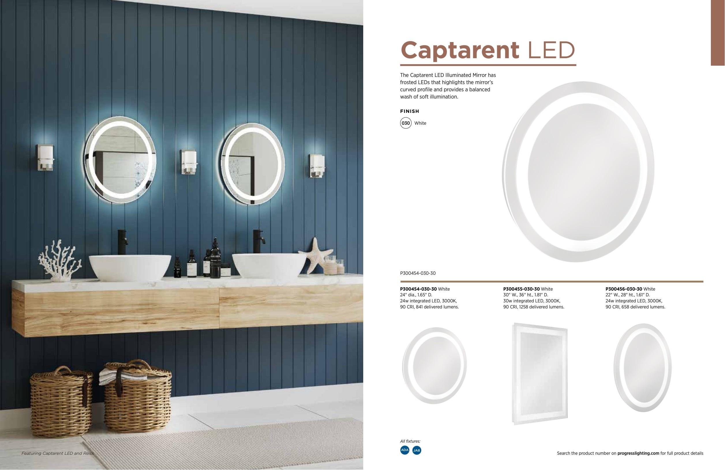 Progress Lighting Captarent 1-Light LED Illuminated Bathroom Mirror, White, Frosted LED Shade