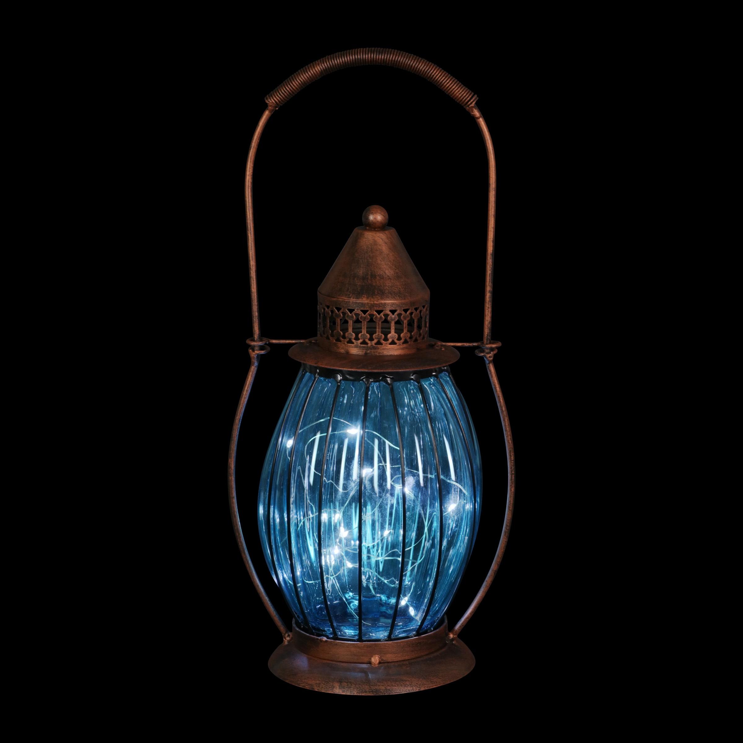 Exhart Exhart Solar Antique Metal and Glass Accent Lantern with Fifteen LED Fairy Firefly String Lights, 7 by 14"