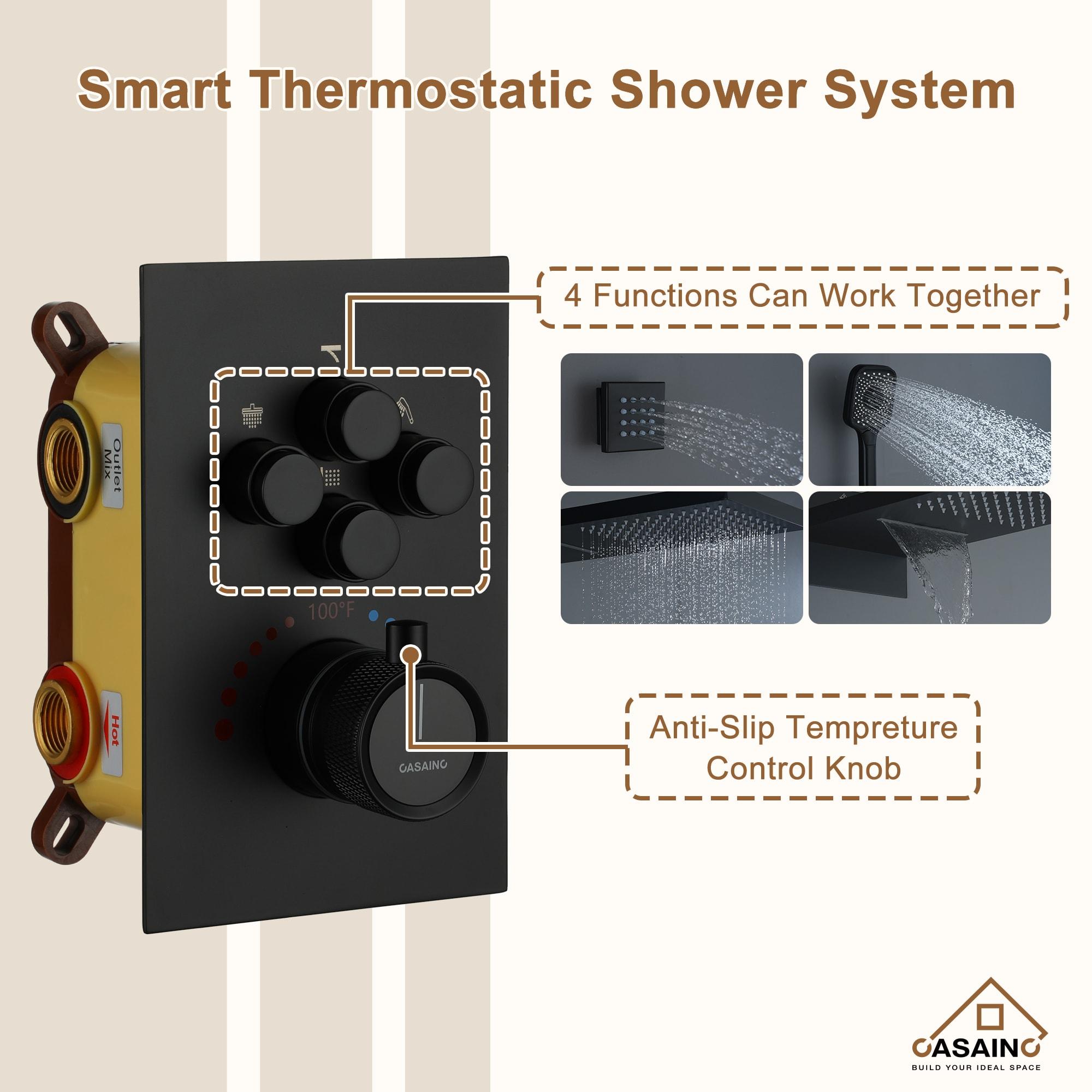 Cascade Bliss 4-Function 20 Inch Wall Mounted Rectangular Rainfall Thermostatic Shower System With 6 Body Jets