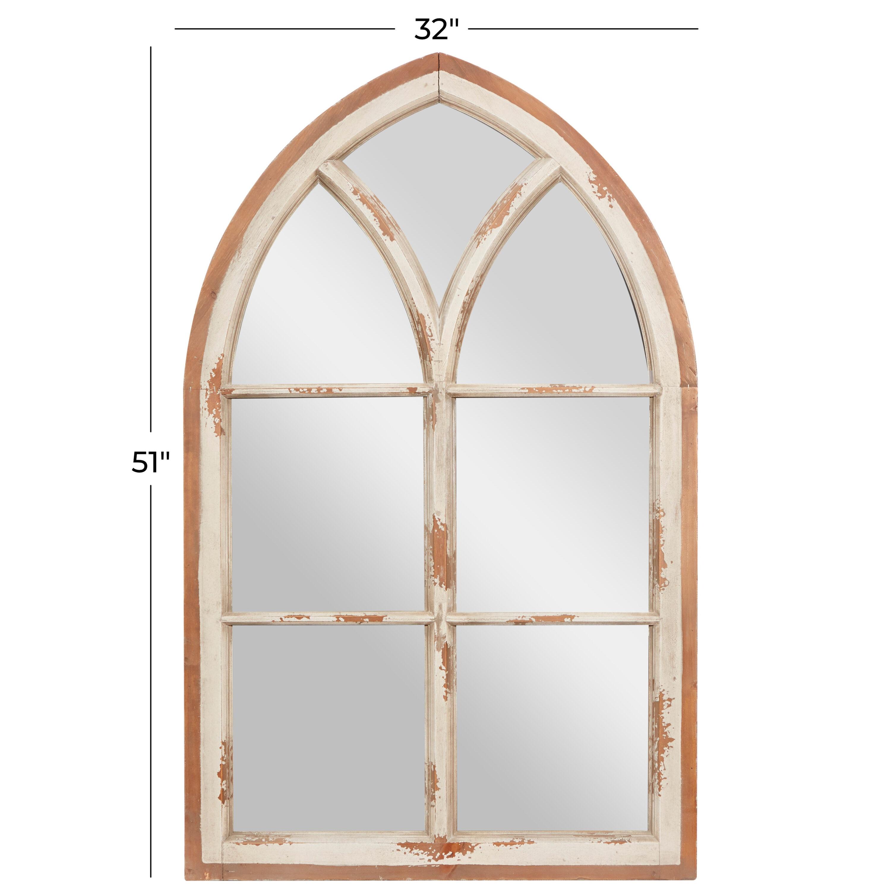 Wood Window Panes Inspired Wall Mirror with Arched Top and Distressing White/Brown - Olivia & May: Cathedral Style, Antiqued Finish
