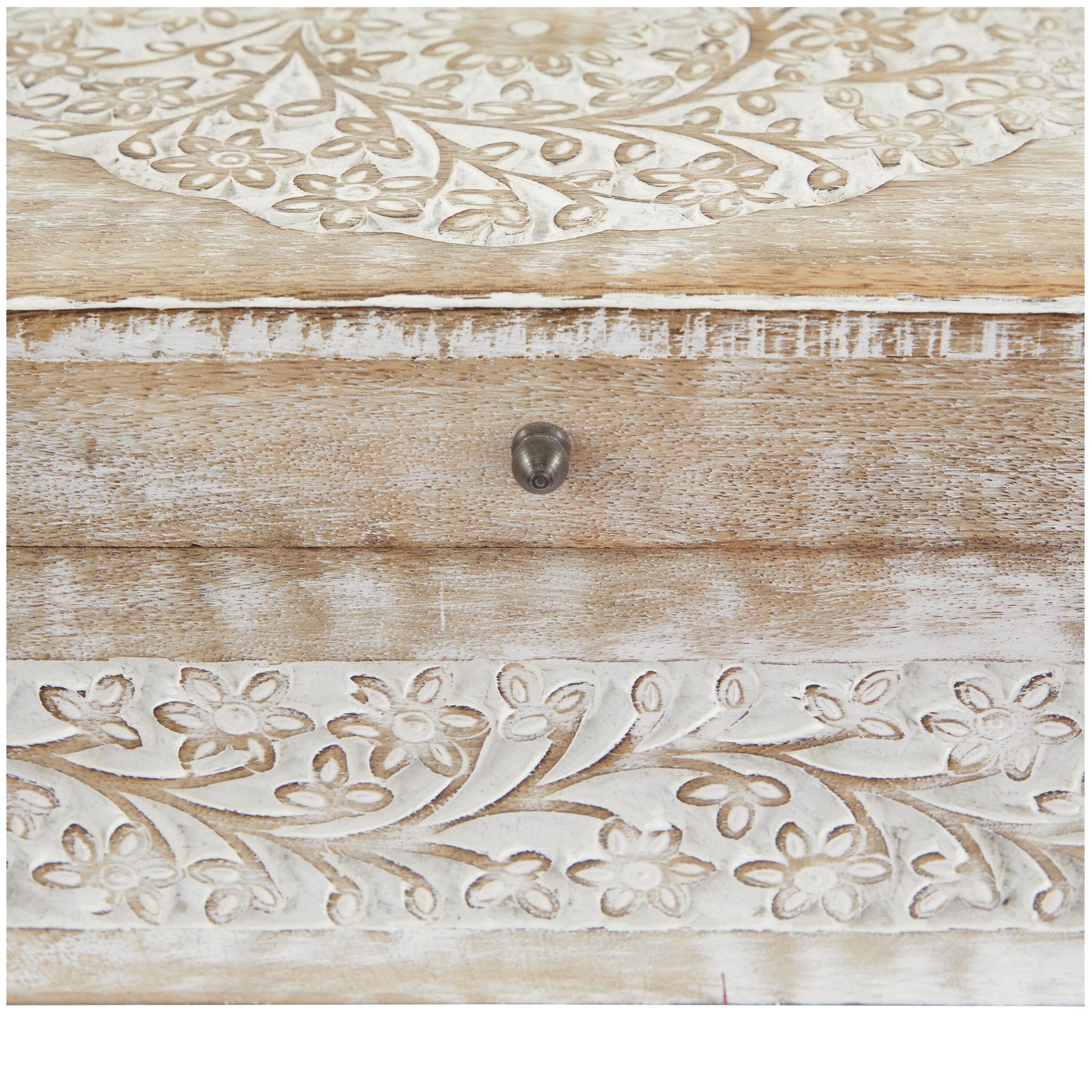 Set of 3 Natural Mango Wood Whitewashed Carved Design Boxes with Lid - Olivia & May