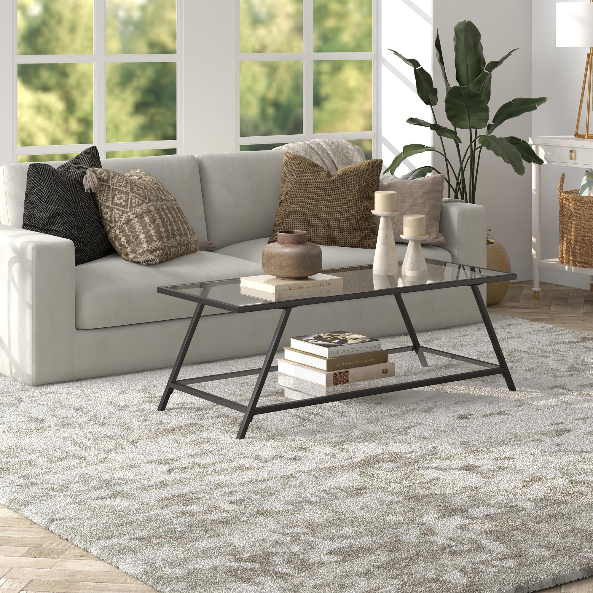Yair 48" Glass And Steel Coffee Table With Shelf
