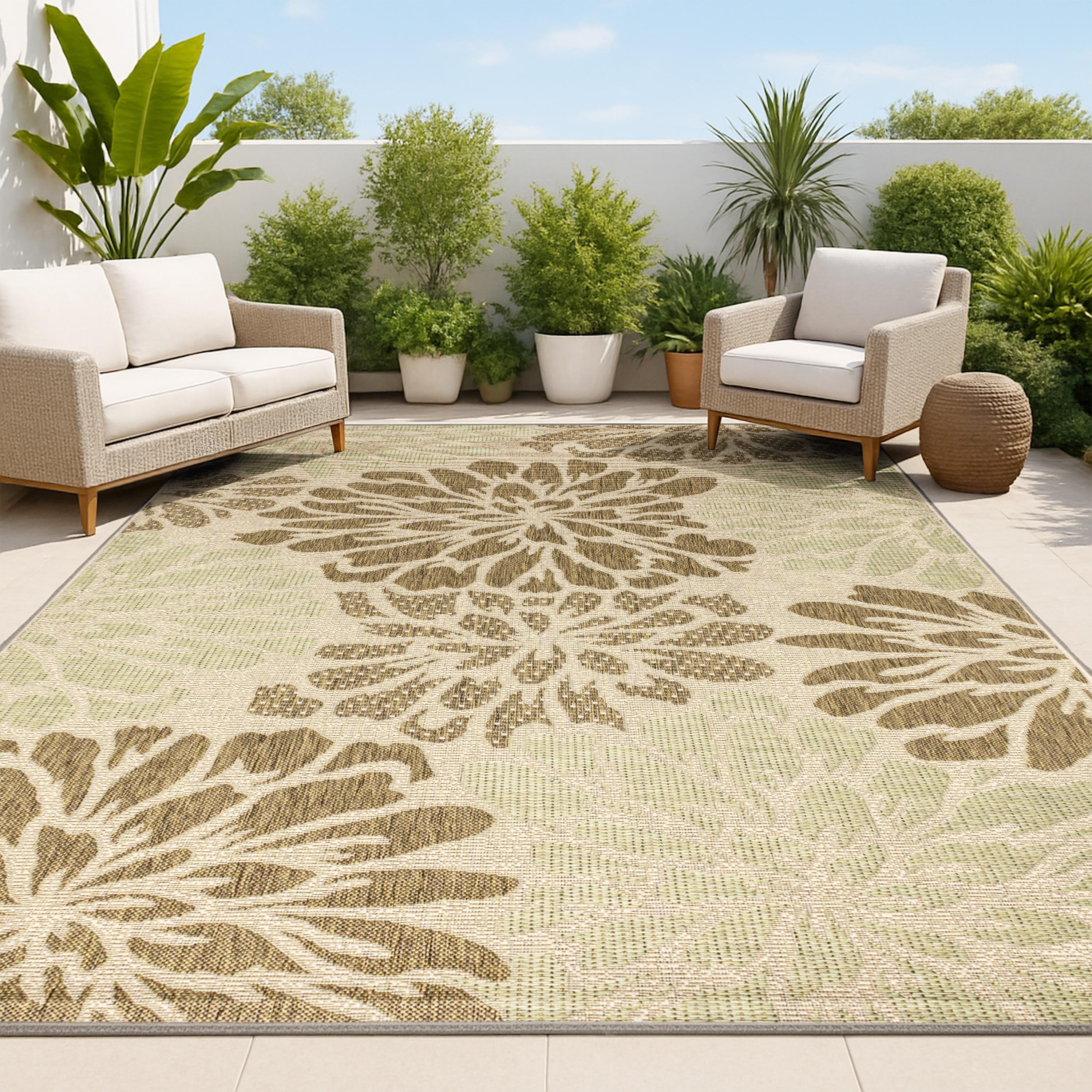 4'x6' Zinnia Modern Floral Textured Weave Indoor/Outdoor Area Rug, Sage/Brown - JONATHAN Y