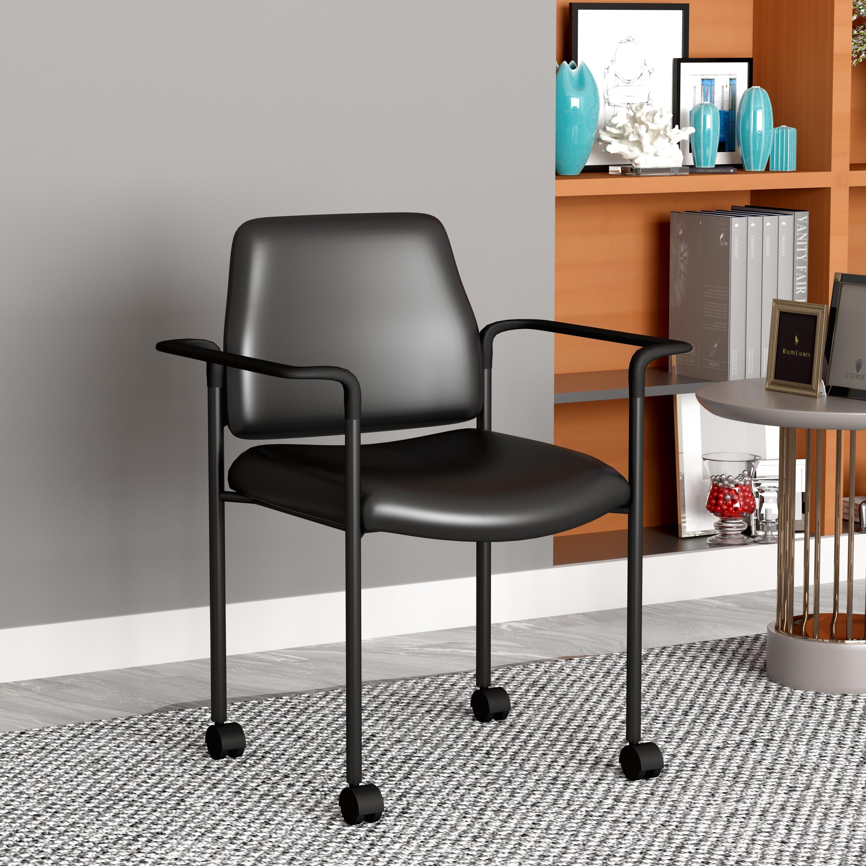 Boss Office Products Stacking Chair with Casters Black: Upholstered Desk Chair, Metal Frame, Fixed Arms