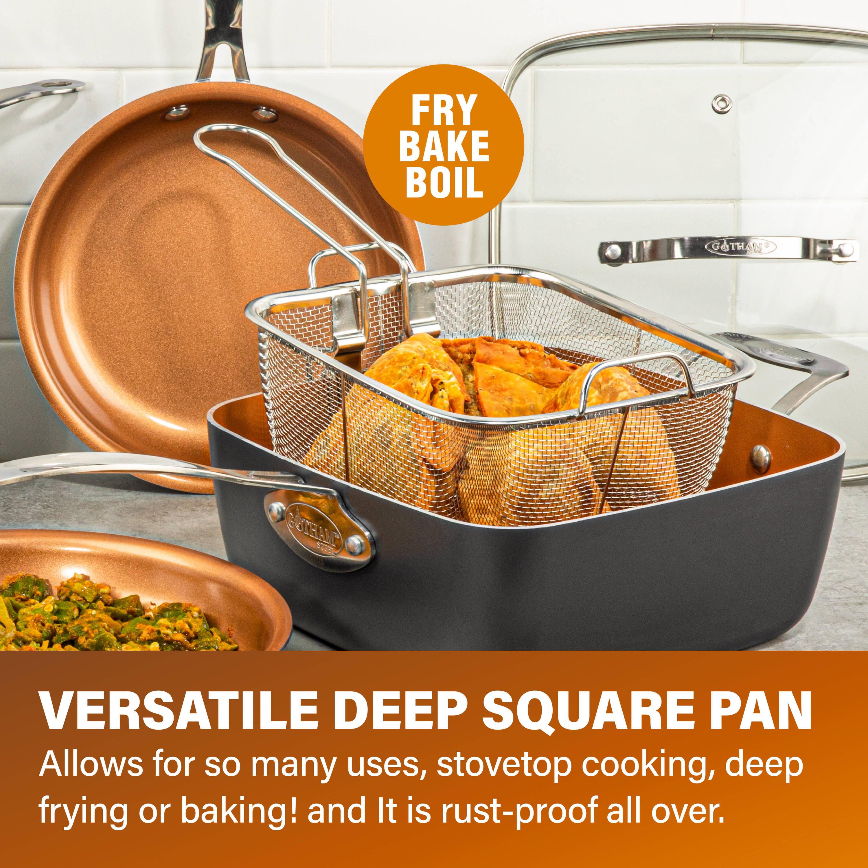 Gotham Steel Gotham Steel 9.5" Deep Squre Nonstick Pan with Steamer Tray, Fry Basket and Glass Lid