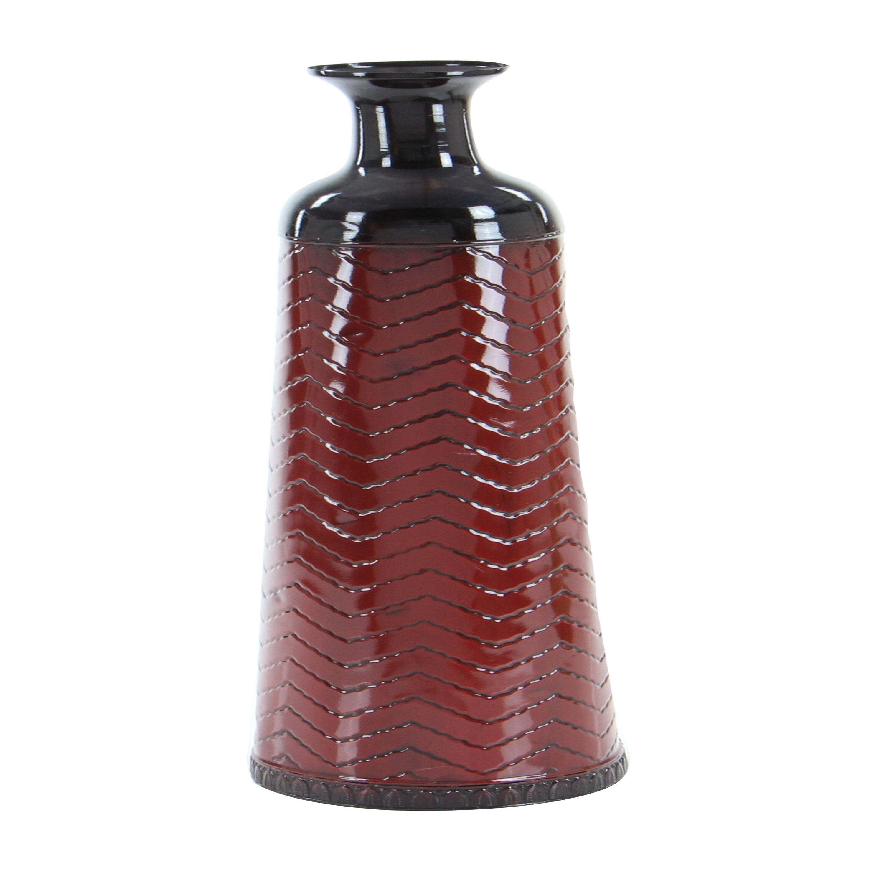 DecMode 32", 27", 22"H Tall Enameled Bottleneck Floor Multi Colored Metal Vase with Chevron Pattern, Set of 3