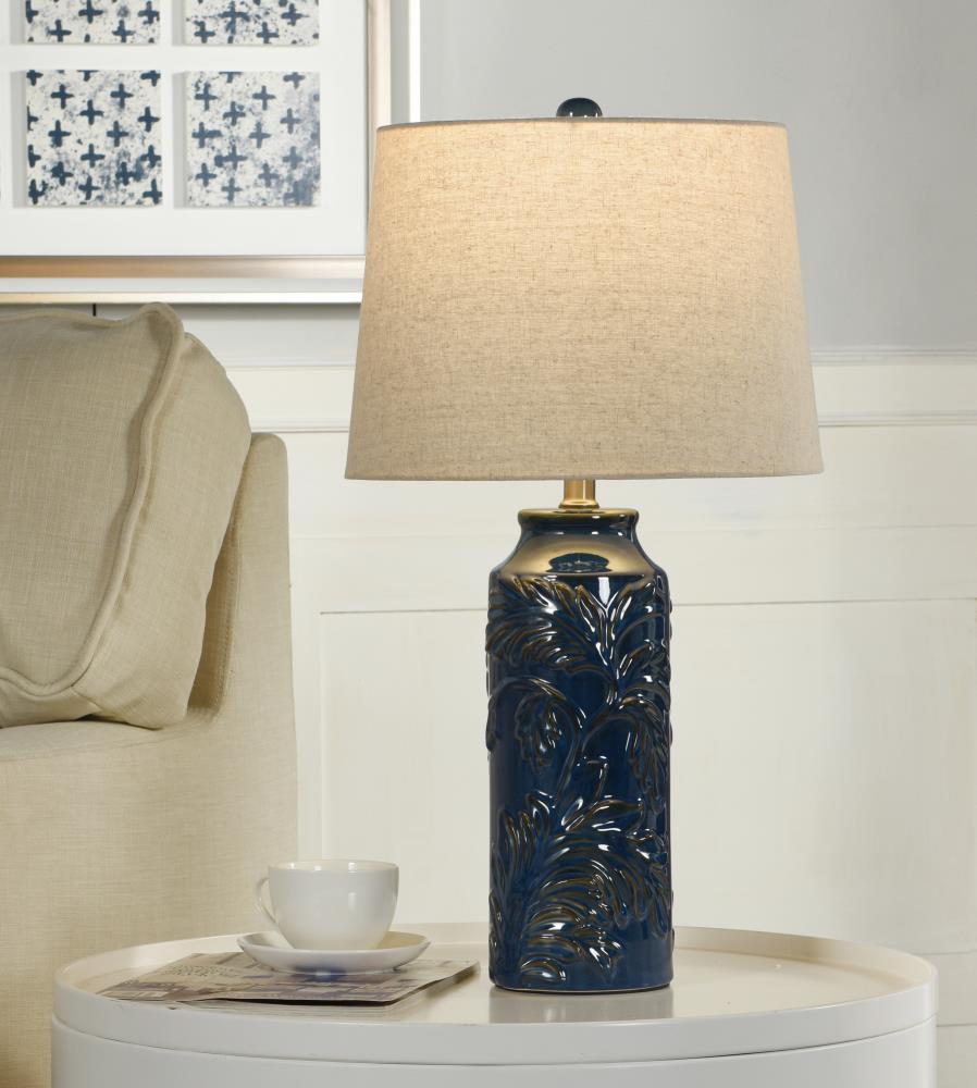 Set of 2 Cloverfield Ceramic Table Lamps Navy Blue - StyleCraft: Botanical Pattern, White Linen Shade