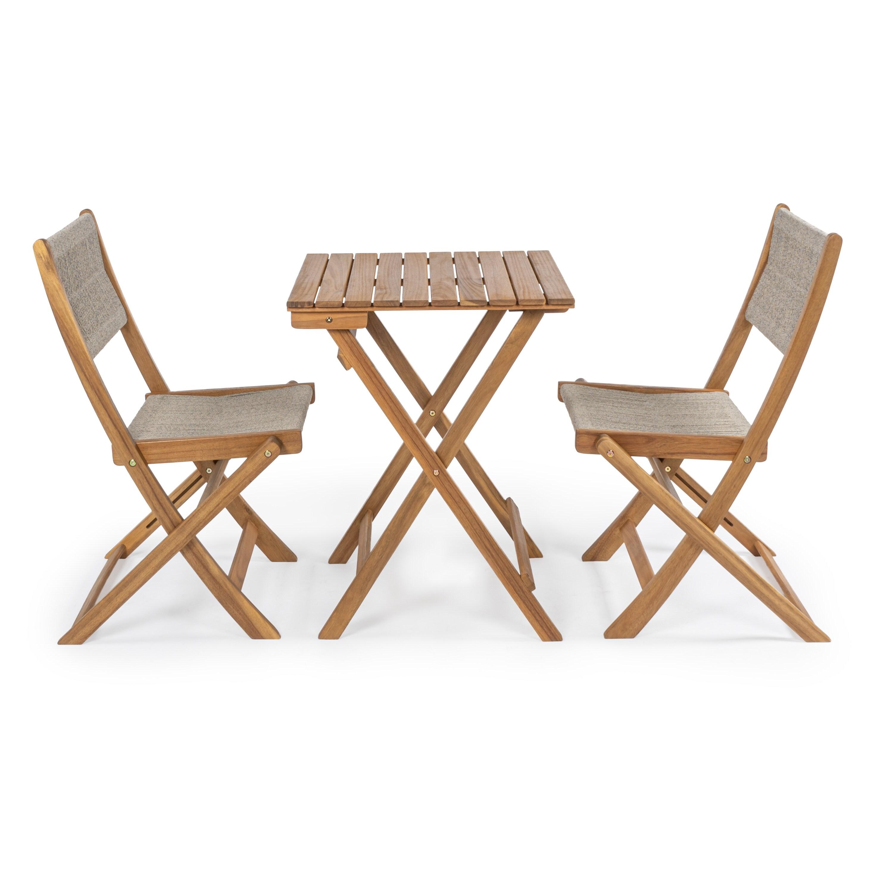 Javea Modern Coastal 3-Piece Acacia Wood Outdoor Folding Bistro Set, Beige/Teak Brown - JONATHAN Y