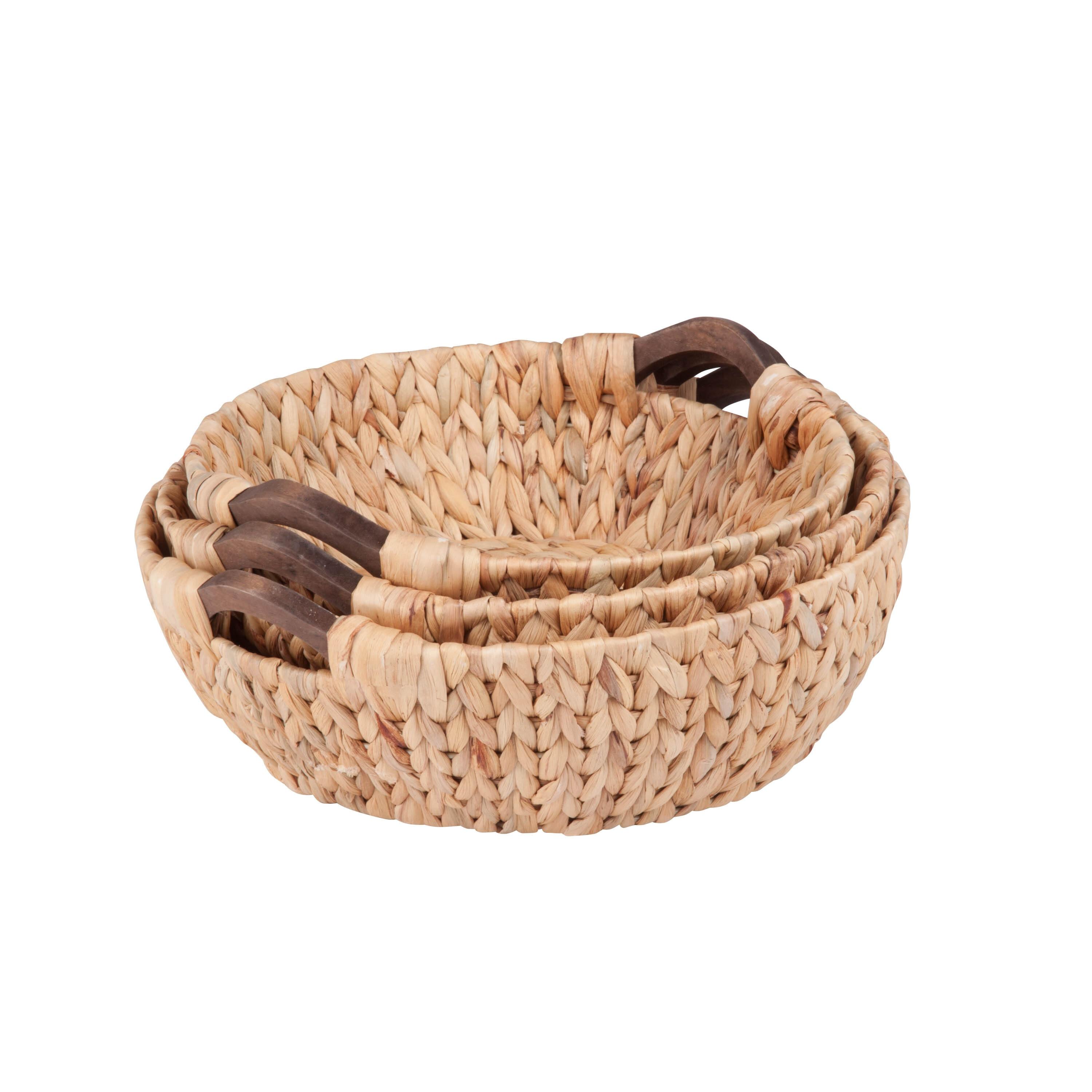 Honey-Can-Do Water Hyacinth Wicker Round Nested Storage Basket 3-Piece Set with Wood Handles, Natural