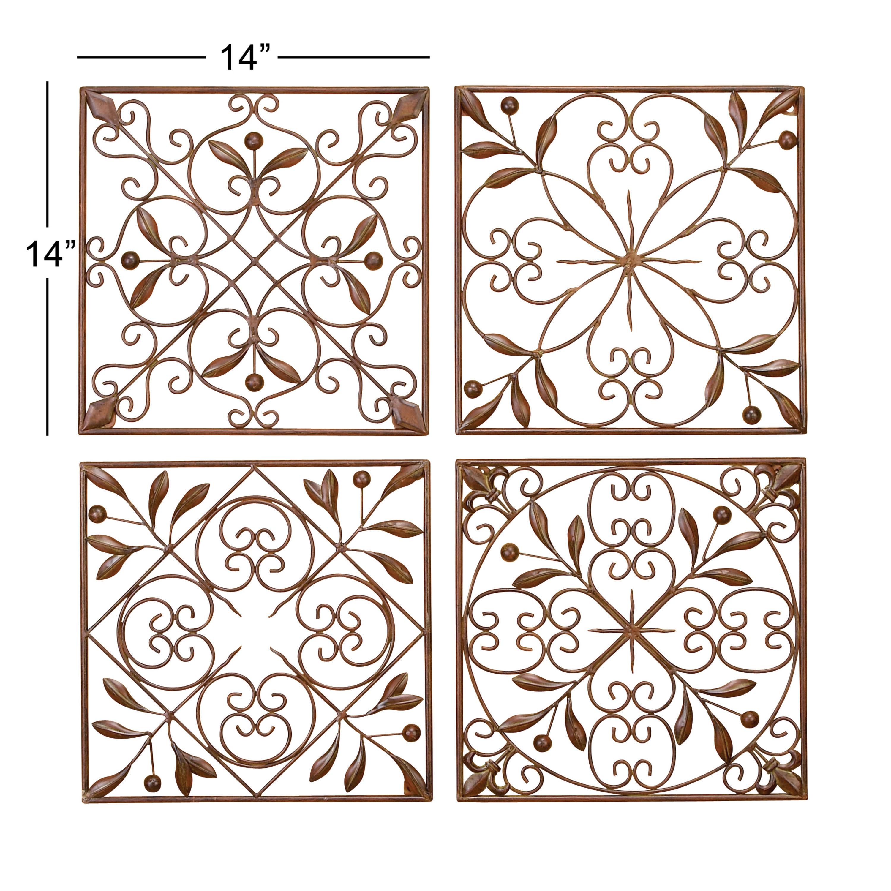 DecMode Rustic Brown Square Metal Wall Décor Set of 4 14"W x 14"H