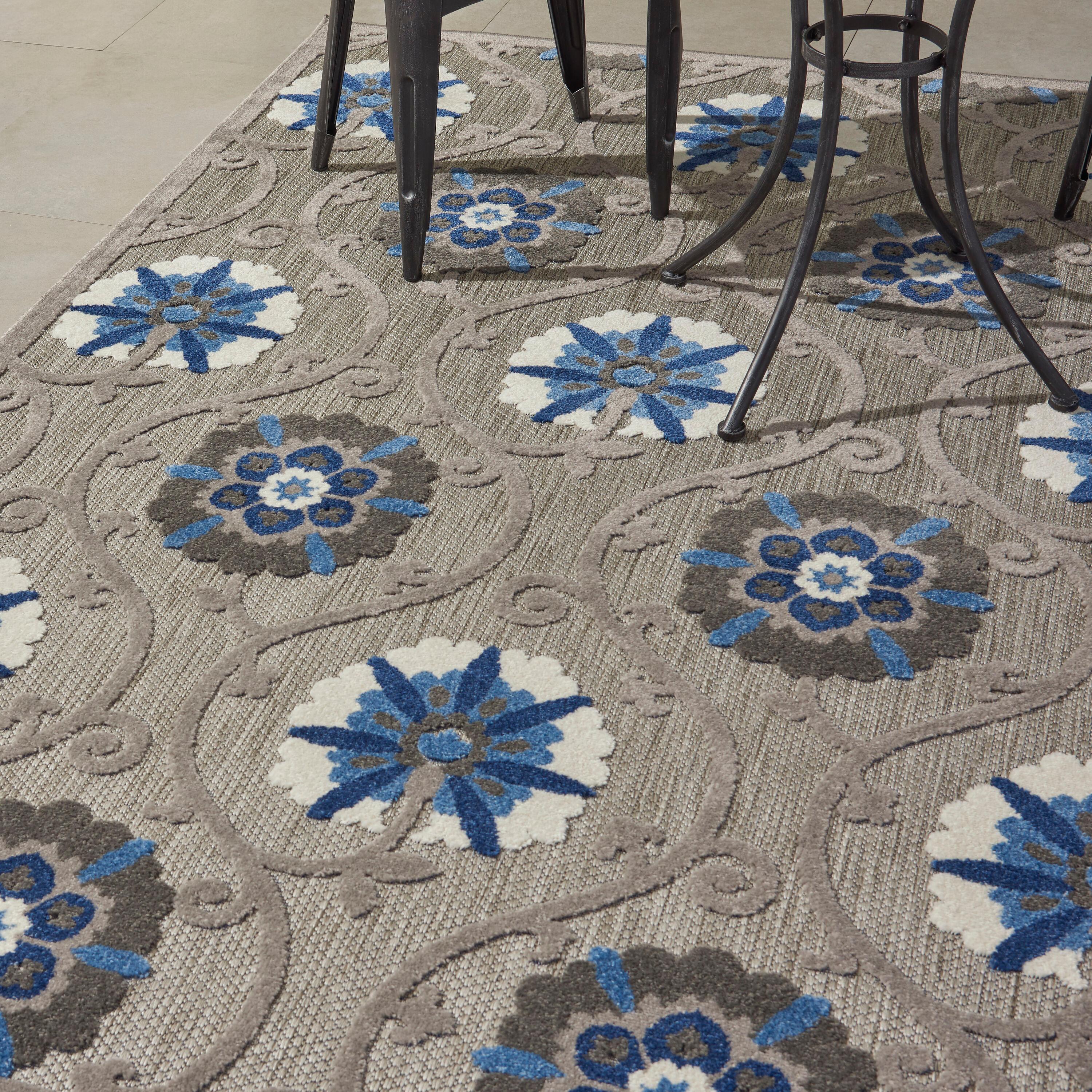 Nourison Aloha Contemporary Floral Flatweave High-Low Indoor Outdoor Area Rug Grey/Blue 3'6" x 5'6"