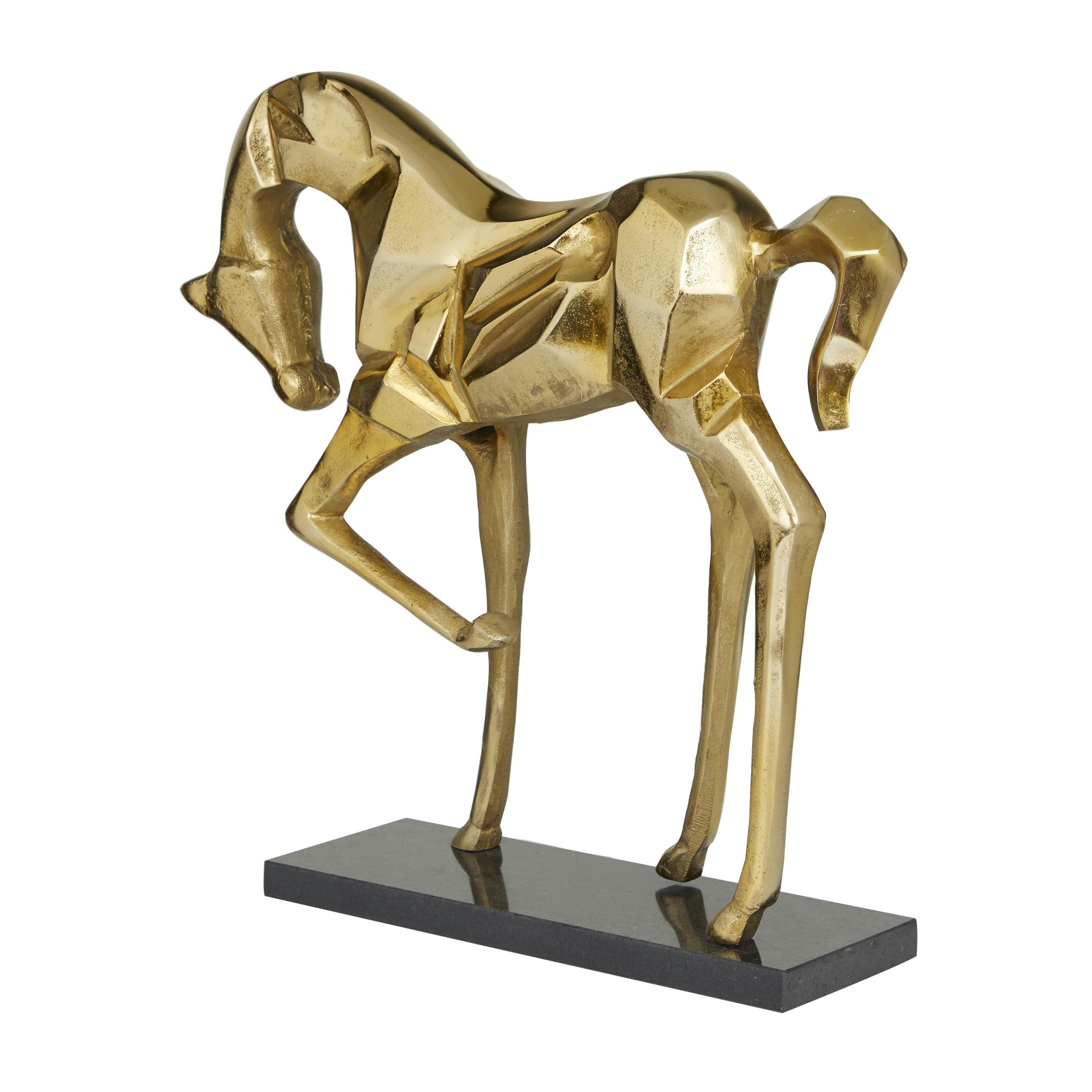 DecMode Aluminum Contemporary Prancing Horse Sculpture 19"W x 19"H, Gold Finish with Black Marble Base