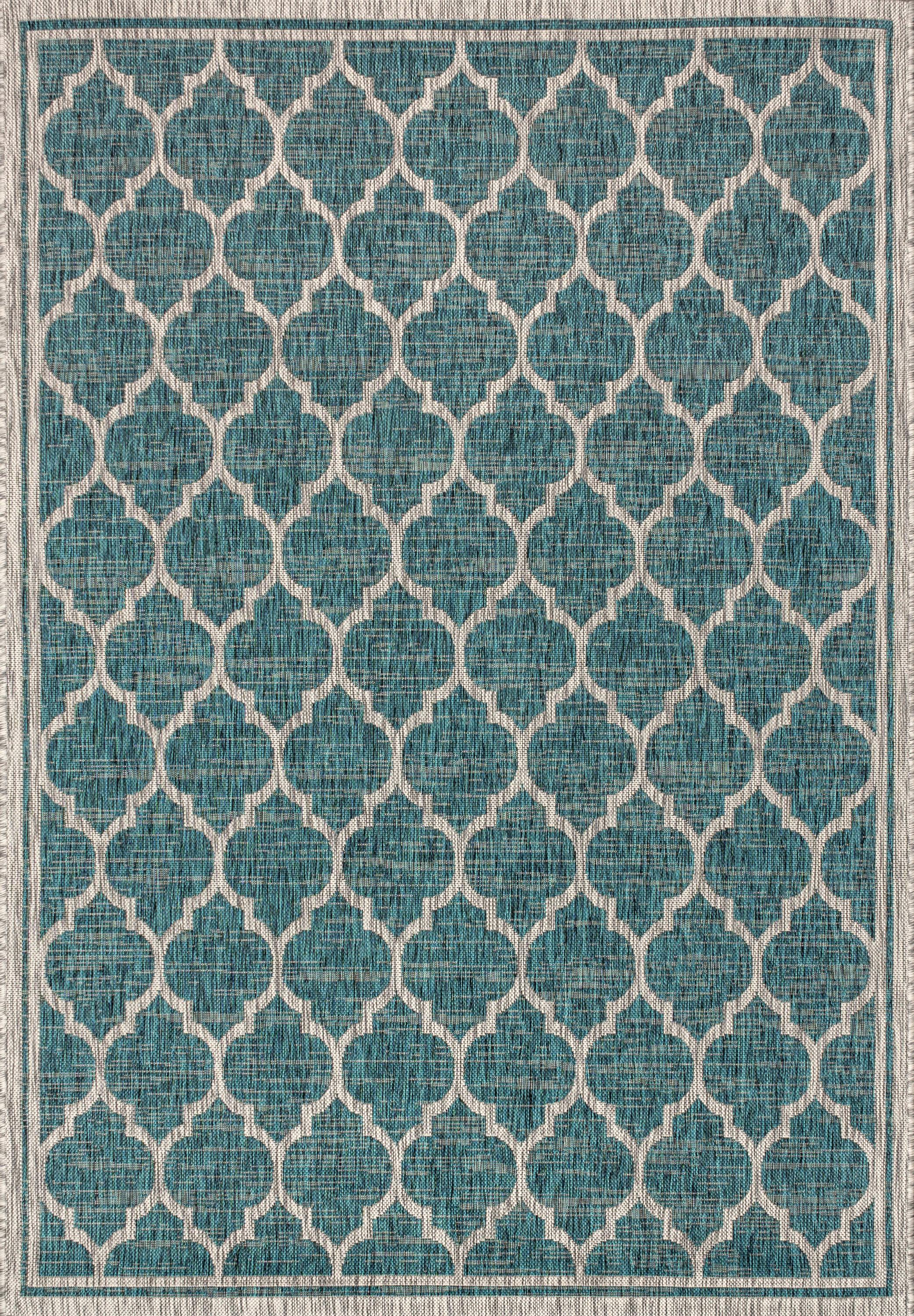 8'x10' Trebol Moroccan Trellis Textured Weave Indoor/Outdoor Area Rug, Teal/Gray - JONATHAN Y