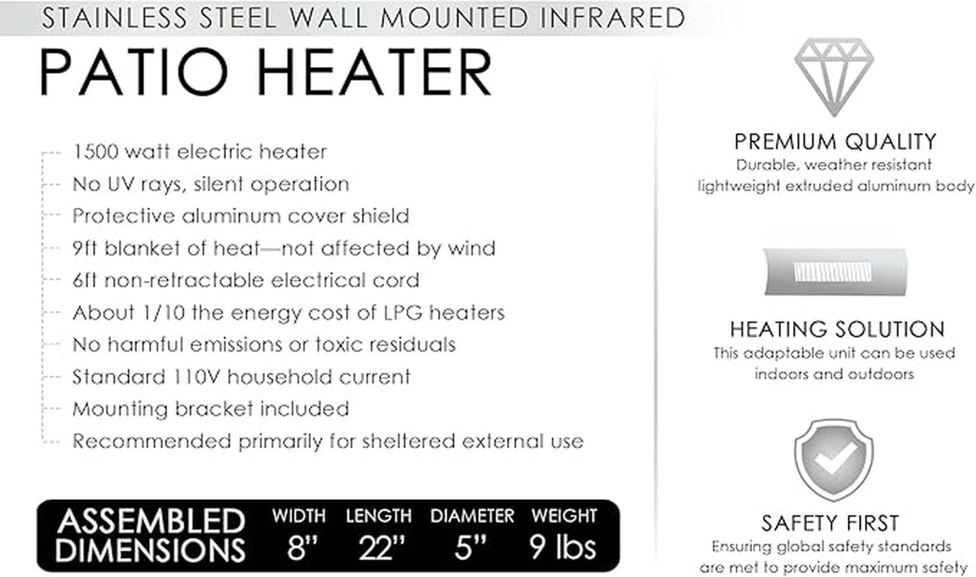 Fire Sense Wall Mounted Infrared Patio Heater 1500W Weatherproof for Indoor Outdoor-Stainless Steel