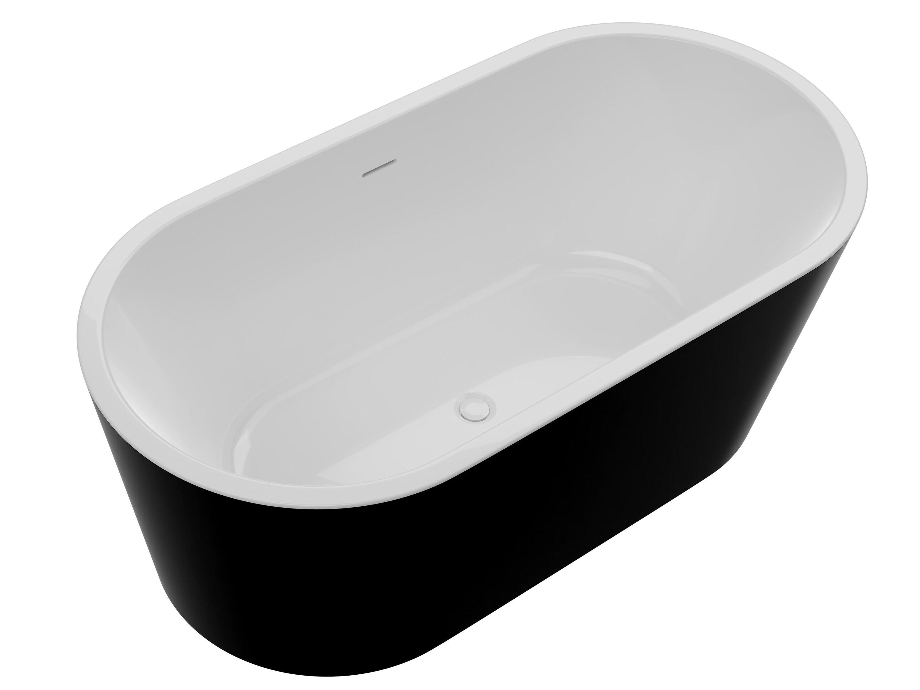 Glossy Black Acrylic Freestanding Soaking Bathtub with Overflow