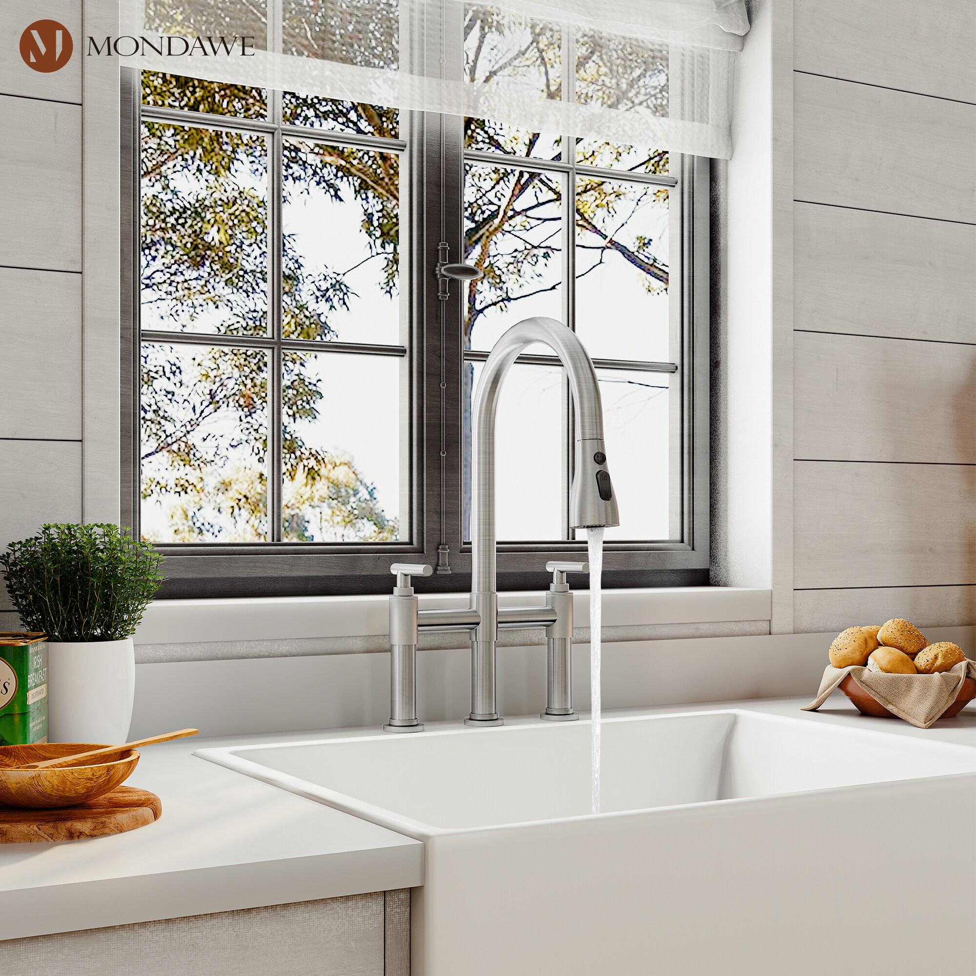 Brushed Nickel Double Handle Bridge Kitchen Faucet with Pull-Out Spray