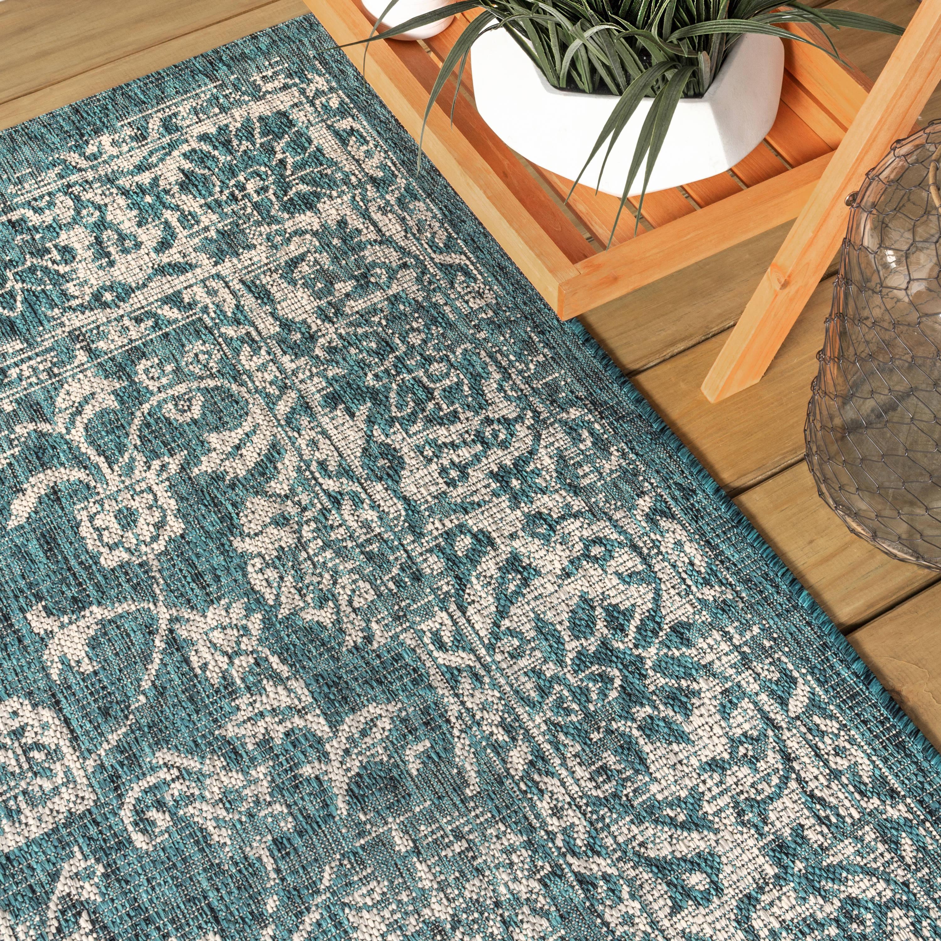 4'x6' Tela Bohemian Textured Weave Floral Indoor/Outdoor Area Rug, Teal/Gray - JONATHAN Y