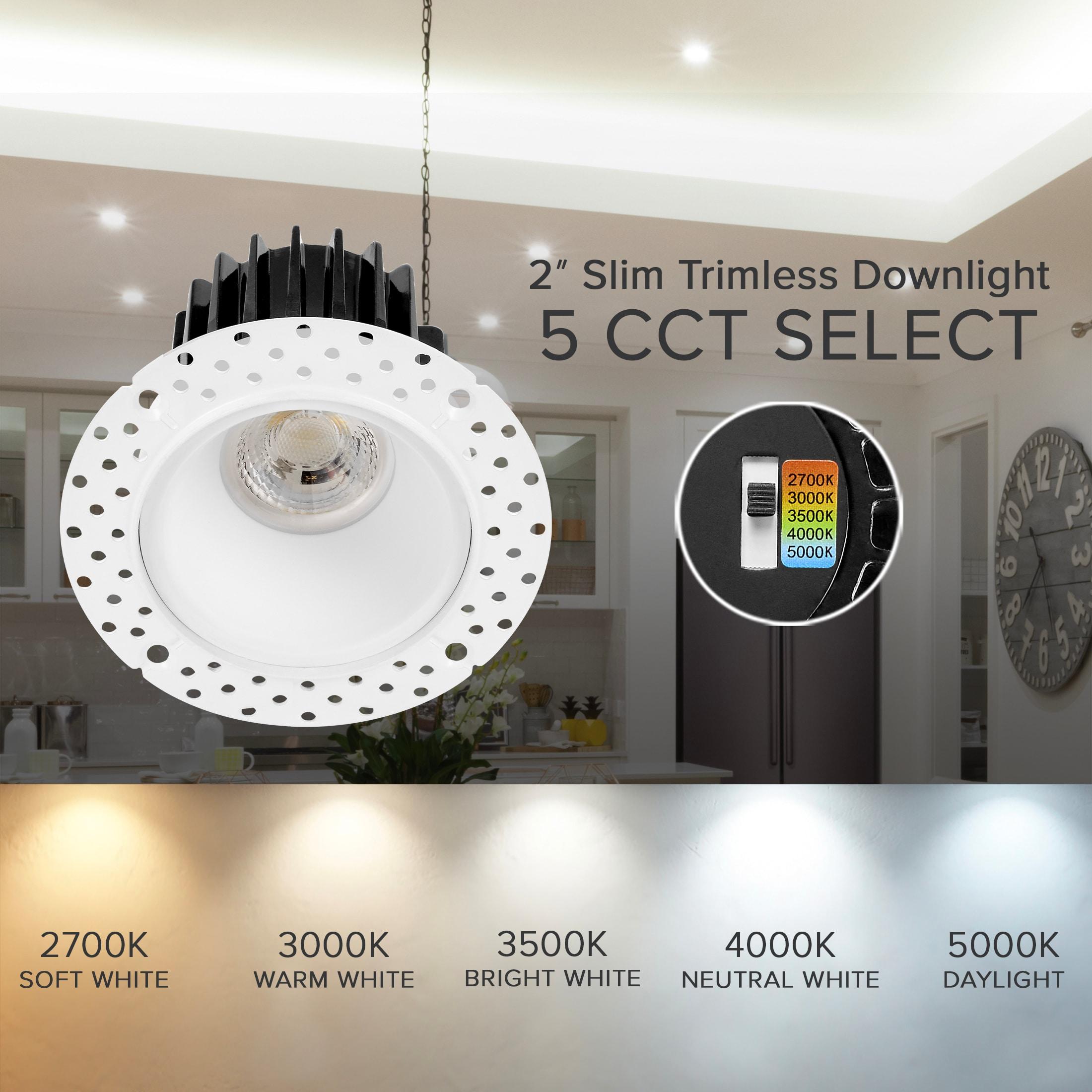 Maxxima 2 in. Trimless Ultra-Thin Recessed Anti-Glare LED Downlight Canless IC Rated 600 Lumens 5 Color Temperature Selectable 2700K/3000K/3500K/4000K/5000K Dimmable 90 CRI 5 CCT Slim J-Box Included